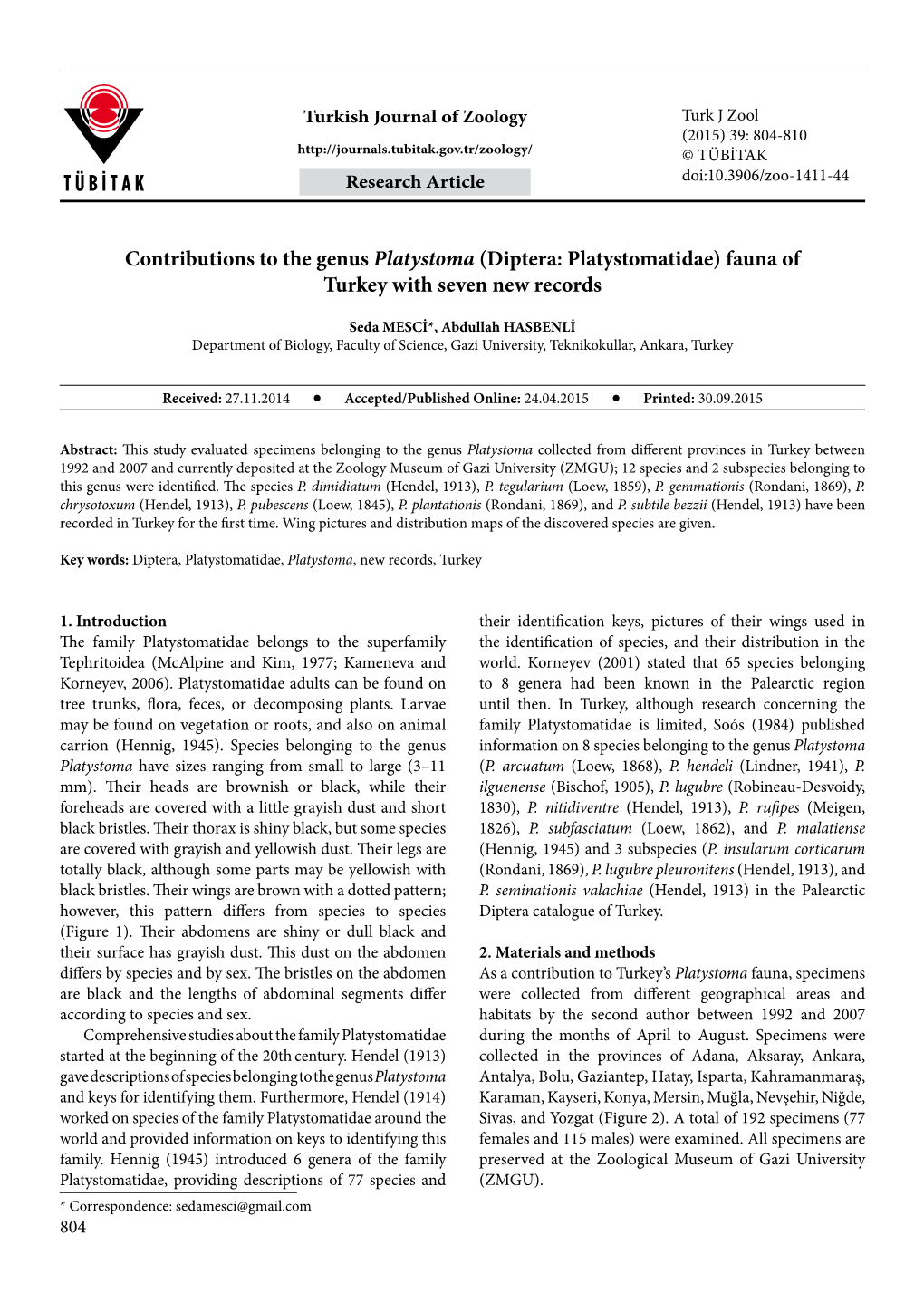 Contributions to the Genus Platystoma (Diptera: Platystomatidae) Fauna of Turkey with Seven New Records