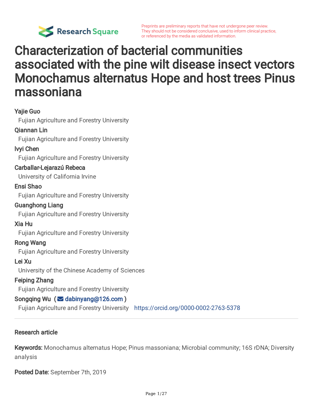 Characterization of Bacterial Communities Associated with the Pine Wilt Disease Insect Vectors Monochamus Alternatus Hope and Host Trees Pinus Massoniana