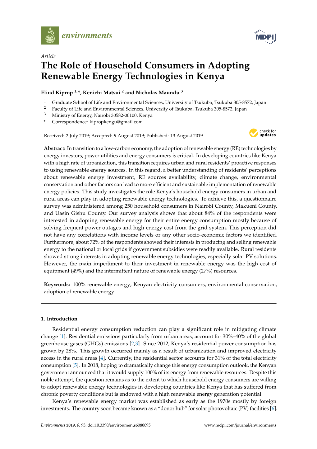 The Role of Household Consumers in Adopting Renewable Energy Technologies in Kenya