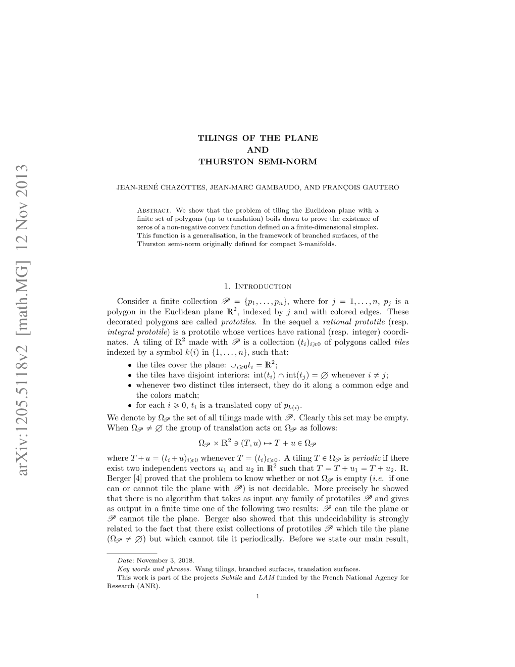 Arxiv:1205.5118V2 [Math.MG] 12 Nov 2013 Berger [4] Proved That the Problem to Know Whether Or Not ΩP Is Empty (I.E