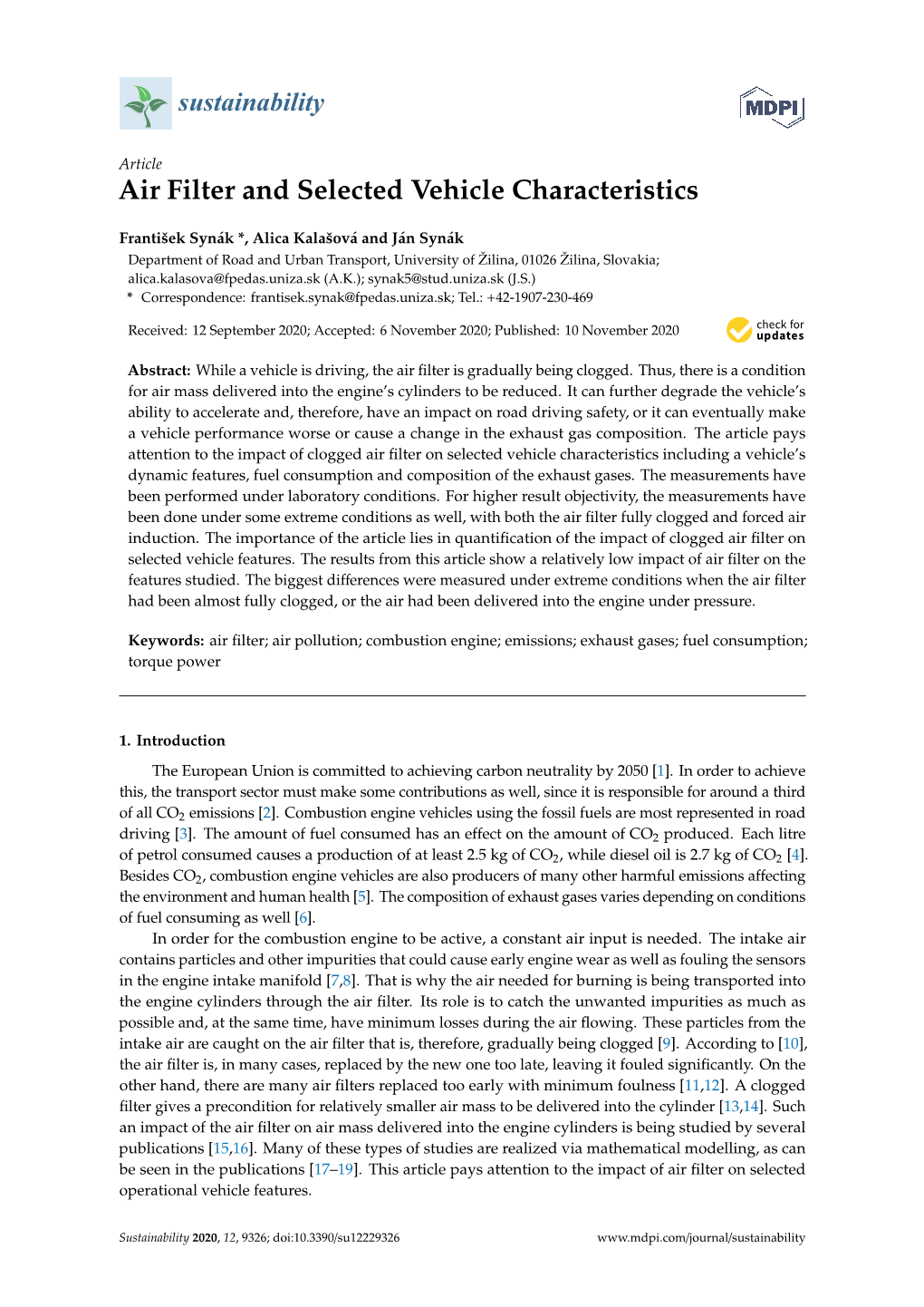 Air Filter and Selected Vehicle Characteristics