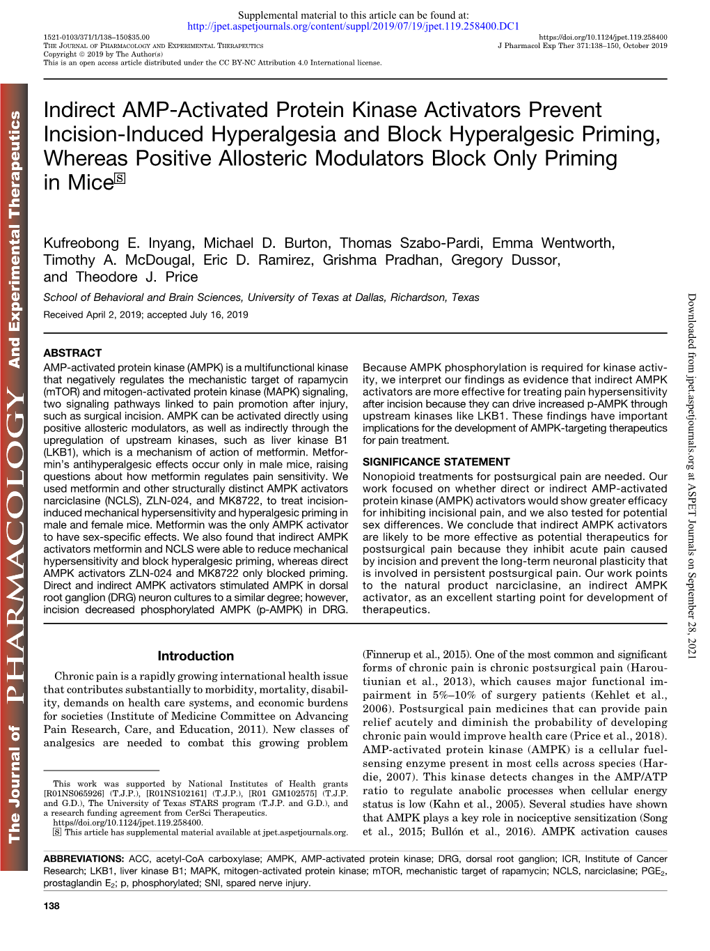 Indirect AMP-Activated Protein Kinase Activators Prevent Incision-Induced