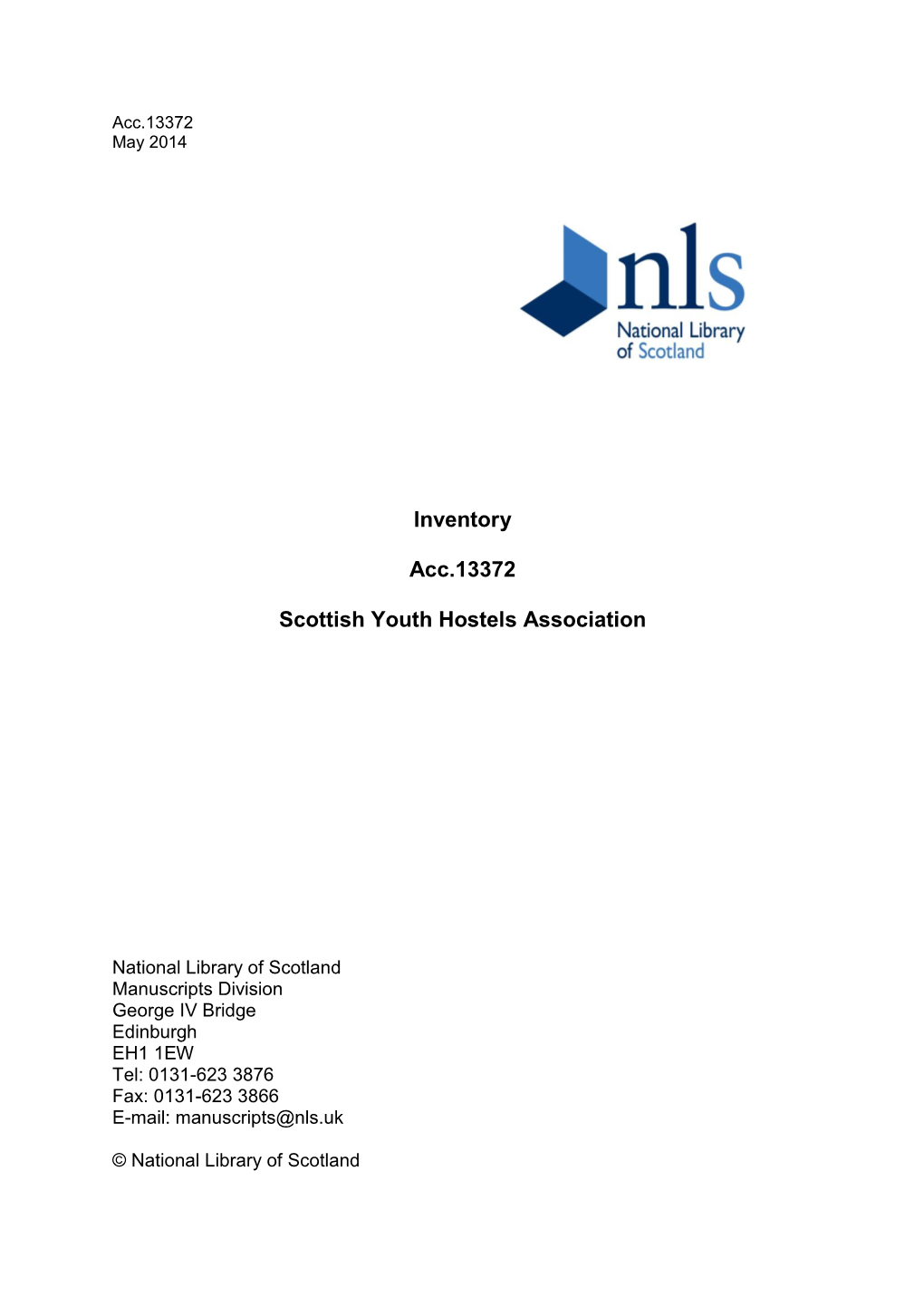 Inventory Acc.13372 Scottish Youth Hostels Association