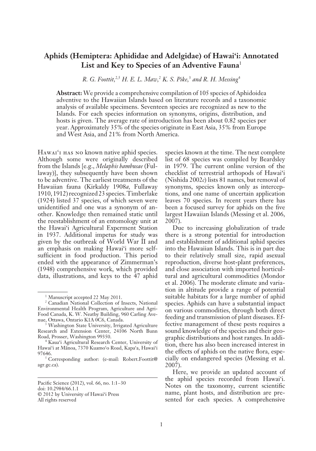 Aphids (Hemiptera: Aphididae and Adelgidae) of Hawai'i: Annotated List and Key to Species of an Adventive Fauna1