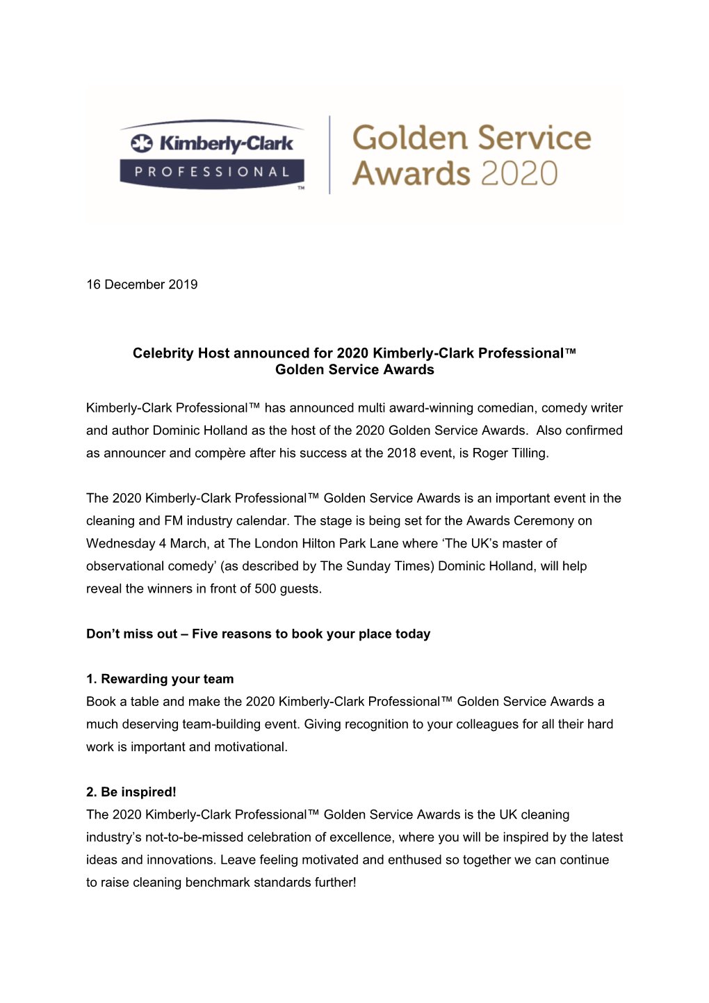 Celebrity Host Announced for 2020 Kimberly-Clark Professional™ Golden Service Awards