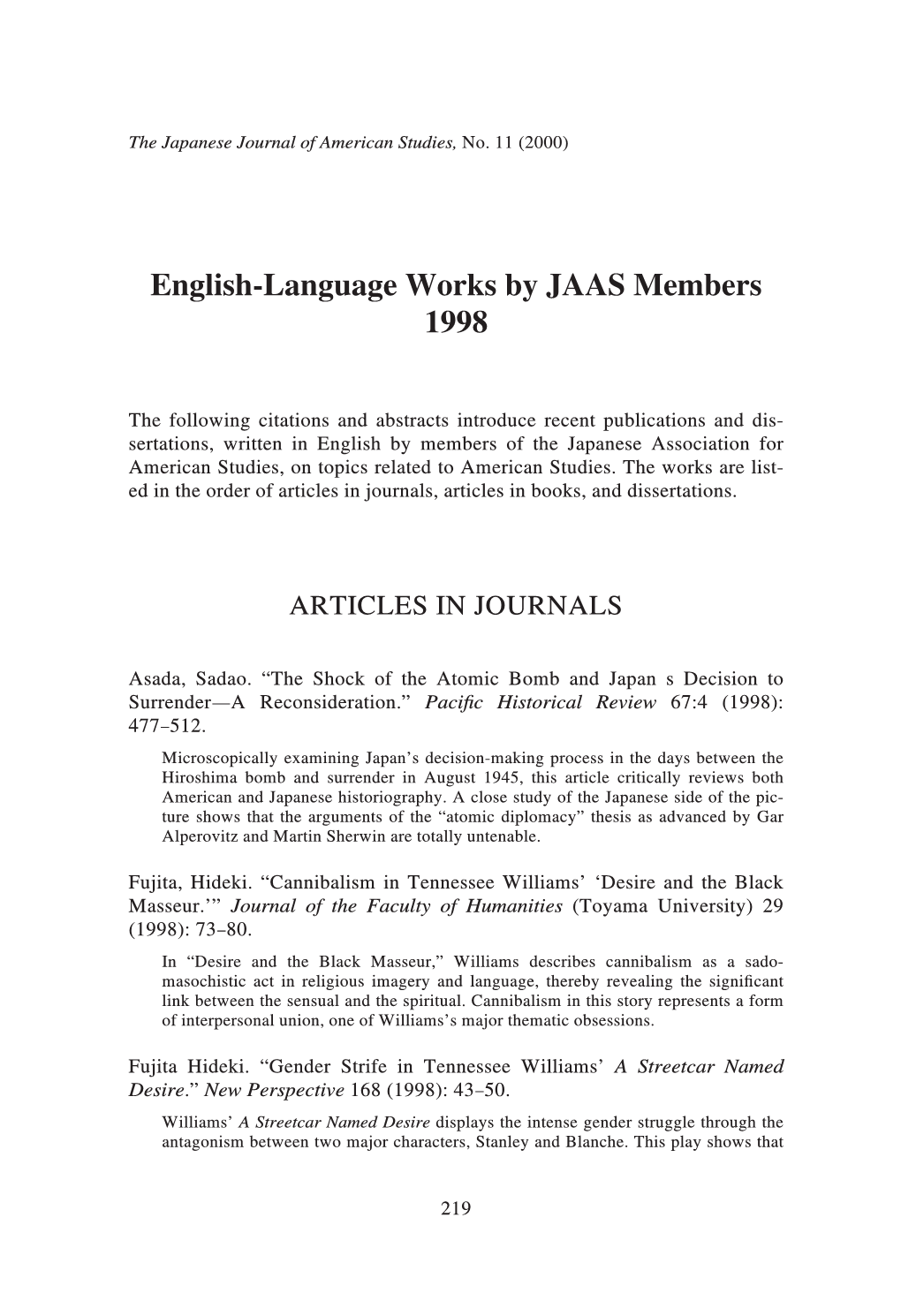 English-Language Works by JAAS Members 1998