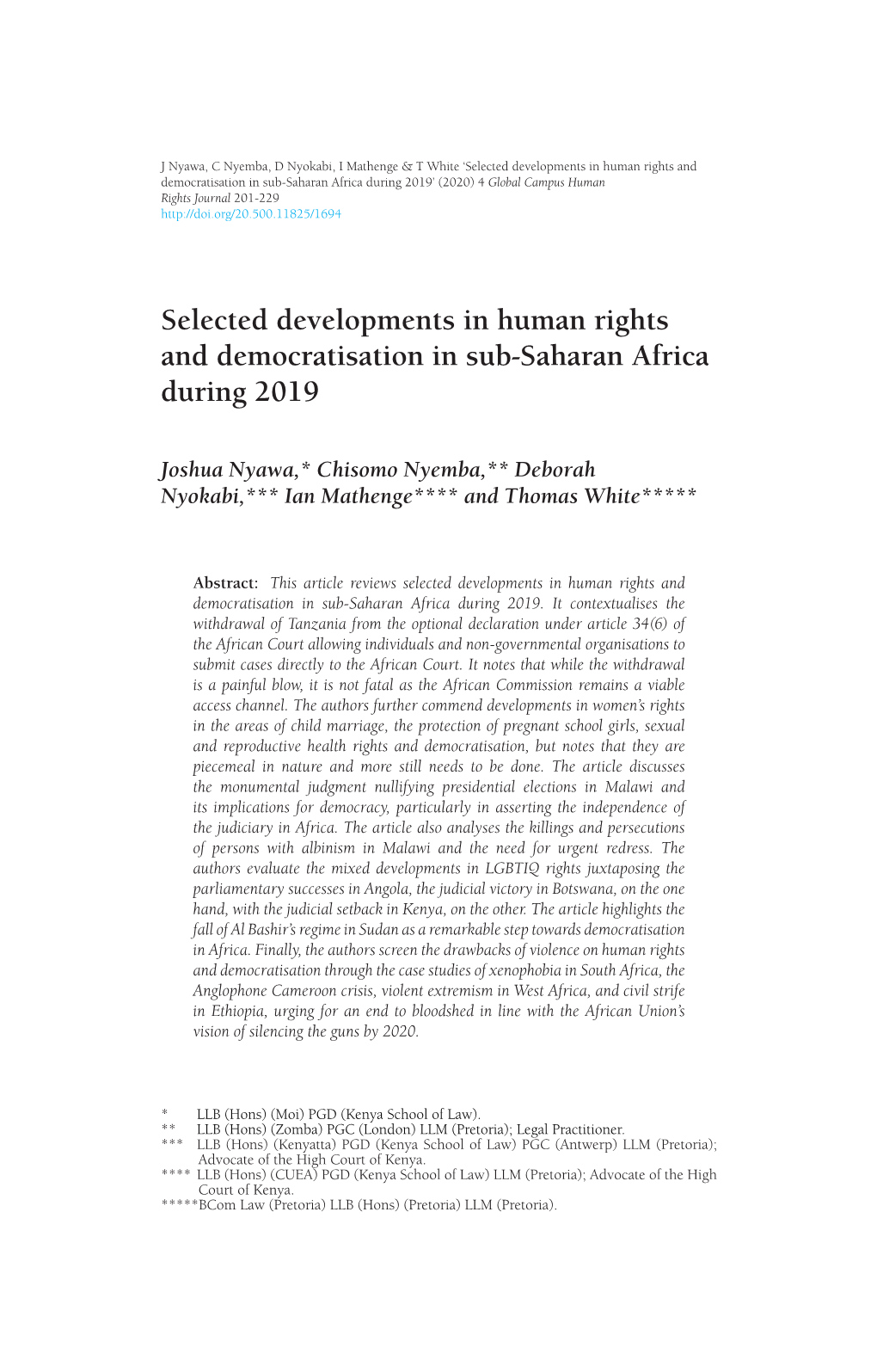 Selected Developments in Human Rights and Democratisation in Sub