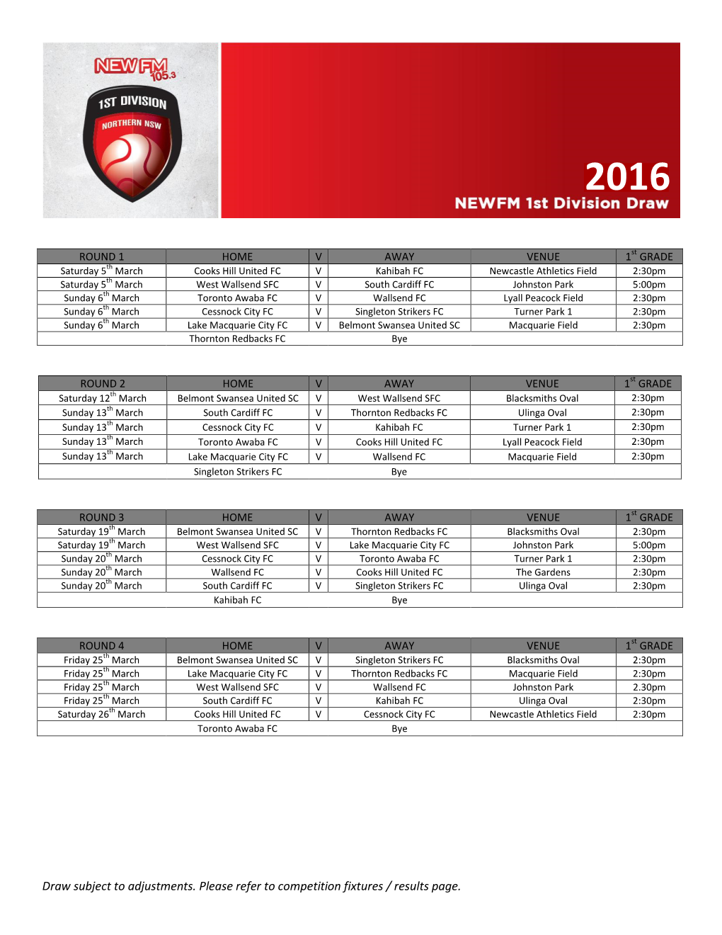 Draw Subject to Adjustments. Please Refer to Competition Fixtures / Results Page