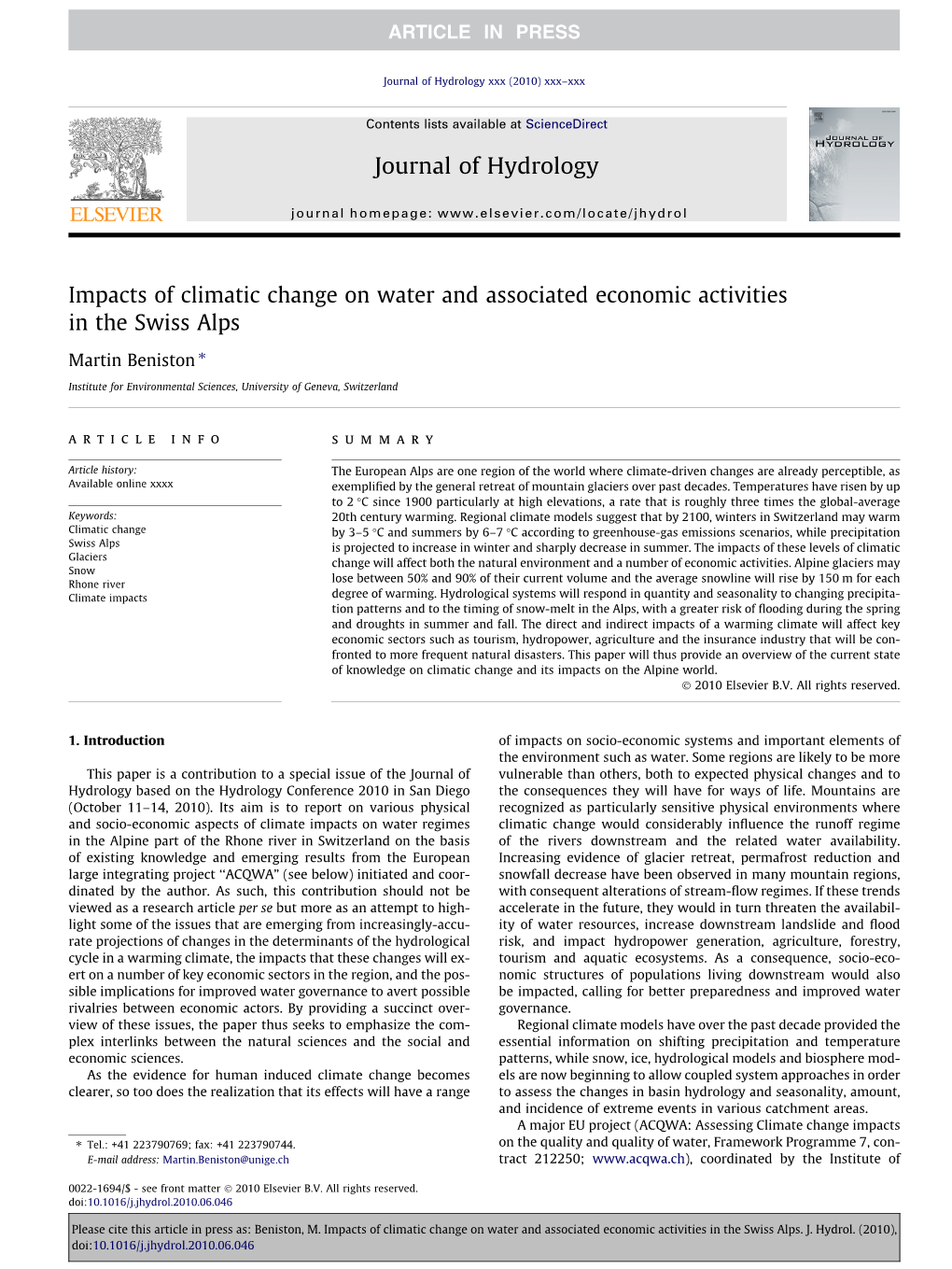 Impacts of Climatic Change on Water and Associated Economic Activities in the Swiss Alps ⇑ Martin Beniston