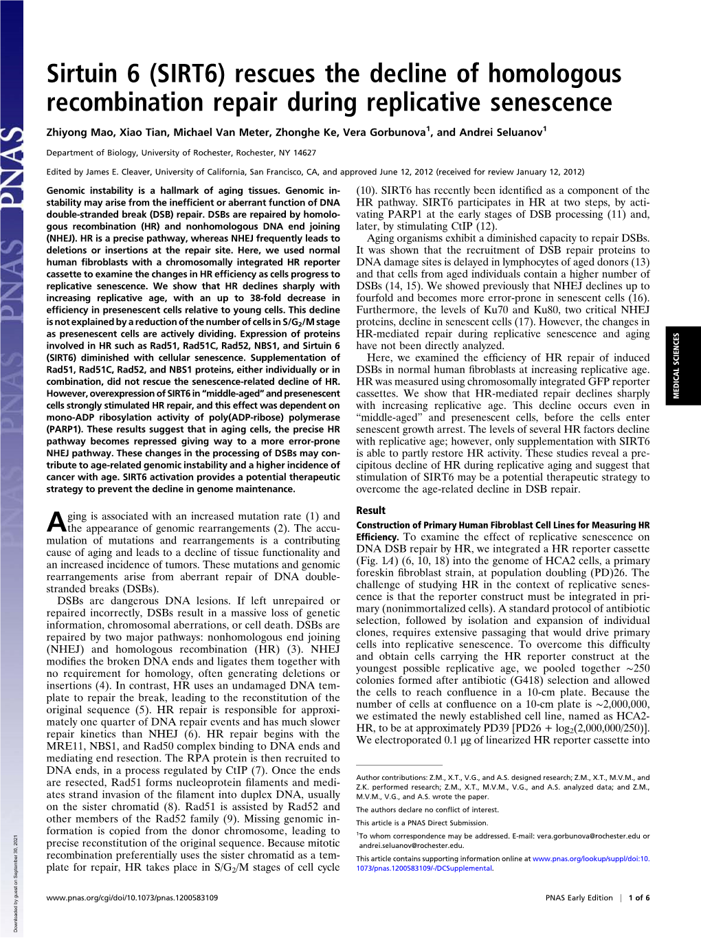 Sirtuin 6 (SIRT6) Rescues the Decline of Homologous Recombination Repair During Replicative Senescence