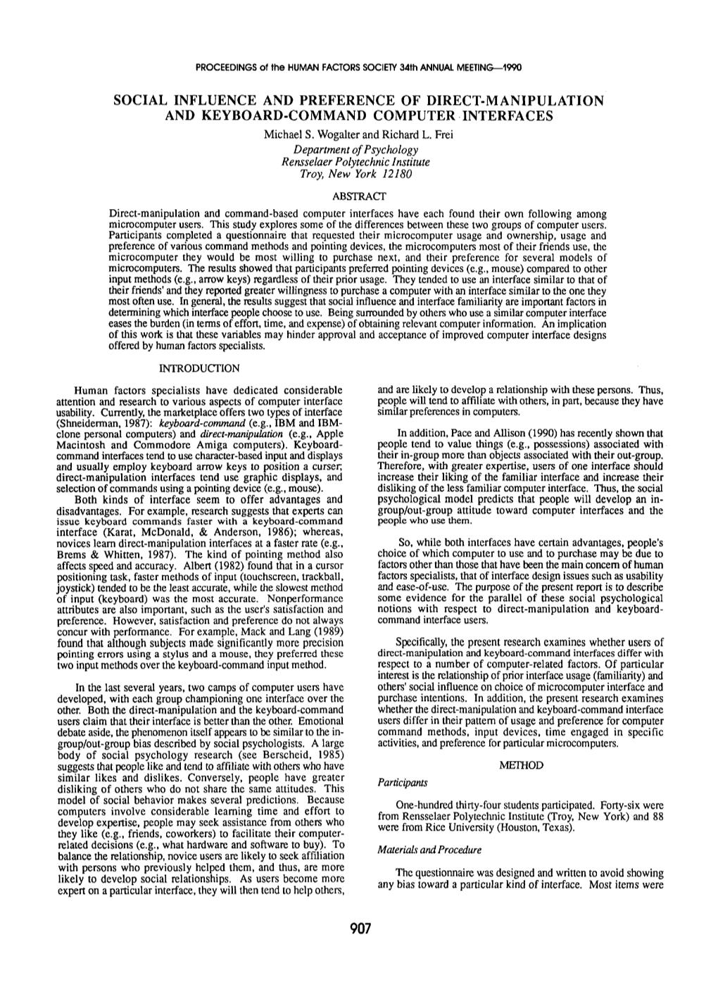 SOCIAL INFLUENCE and PREFERENCE of DIRECT-MANIPULATION and KEYBOARD-COMMAND COMPUTER INTERFACES Michael S