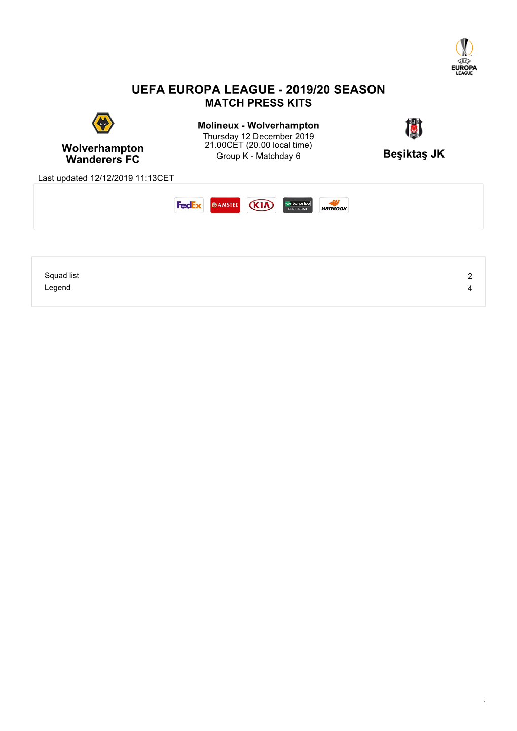 Uefa Europa League - 2019/20 Season Match Press Kits