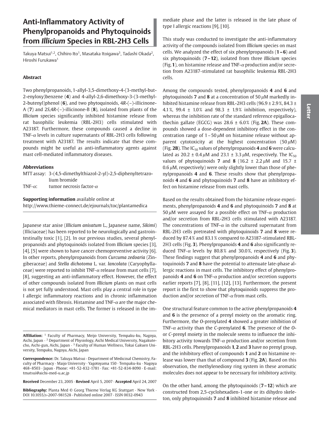 Anti-Inflammatory Activity of Phenylpropanoids and Phytoquinoids from Illicium Species in RBL-2H3 Cells