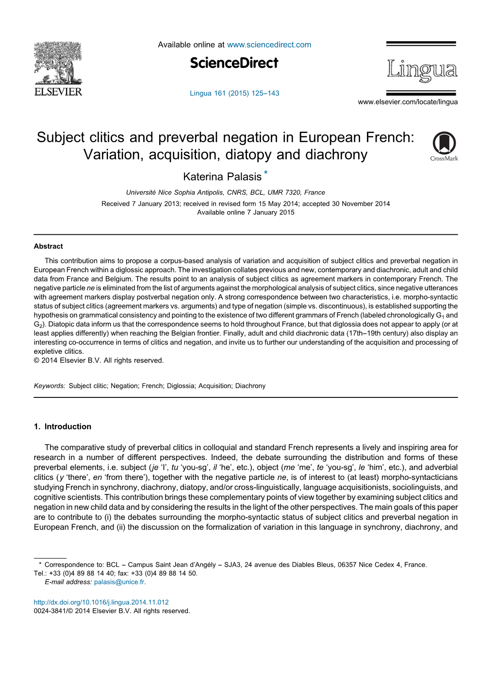 Subject Clitics and Preverbal Negation in European French: Variation, Acquisition, Diatopy and Diachrony