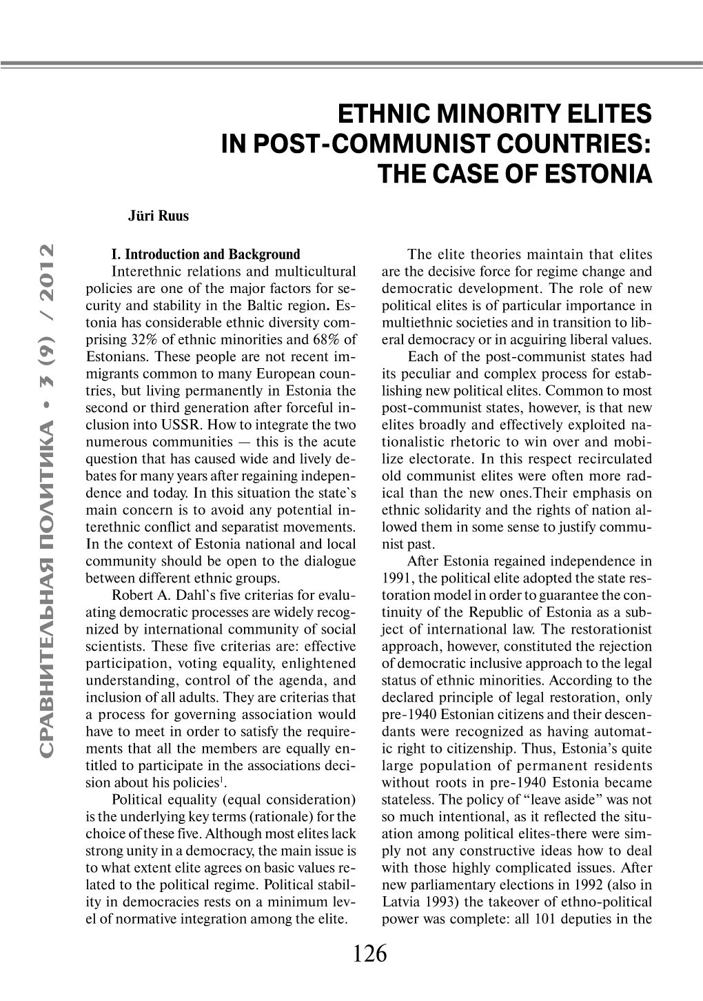 Ethnic Minority Elites in Post-Communist Countries: the Case of Estonia