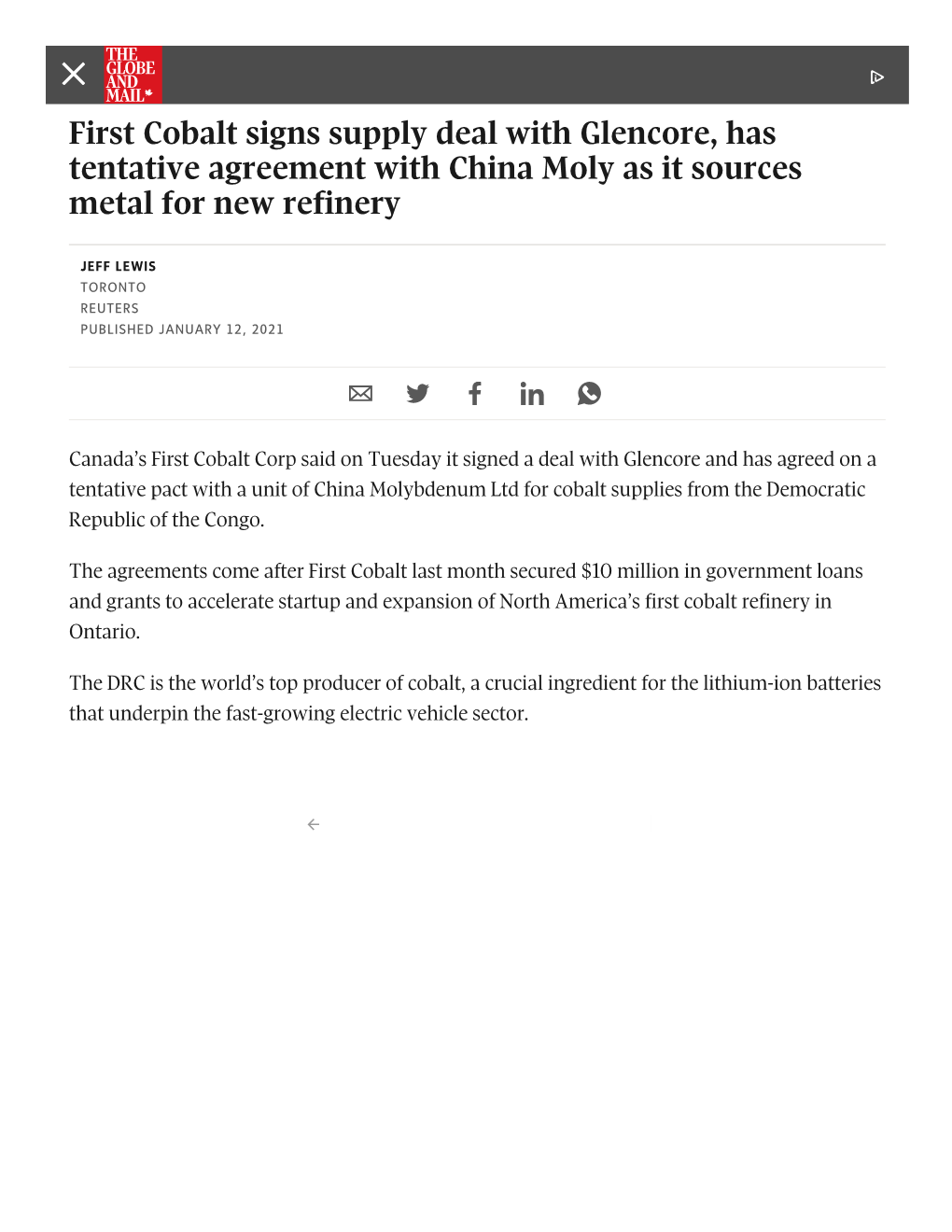 First Cobalt Signs Supply Deal with Glencore, Has Tentative Agreement with China Moly As It Sources Metal for New Refinery