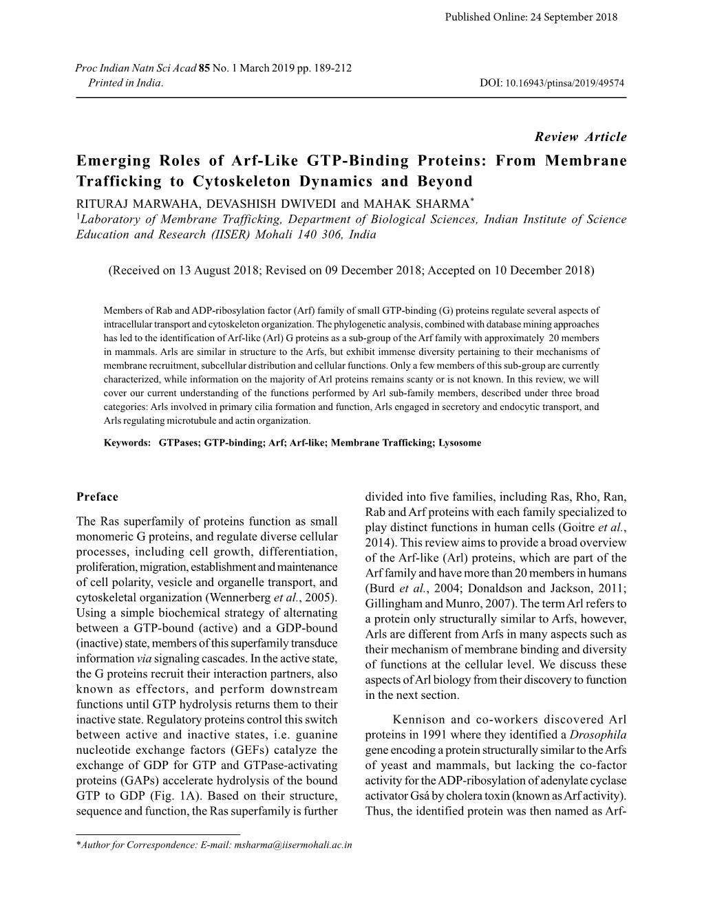 Emerging Roles of Arf-Like GTP-Binding Proteins