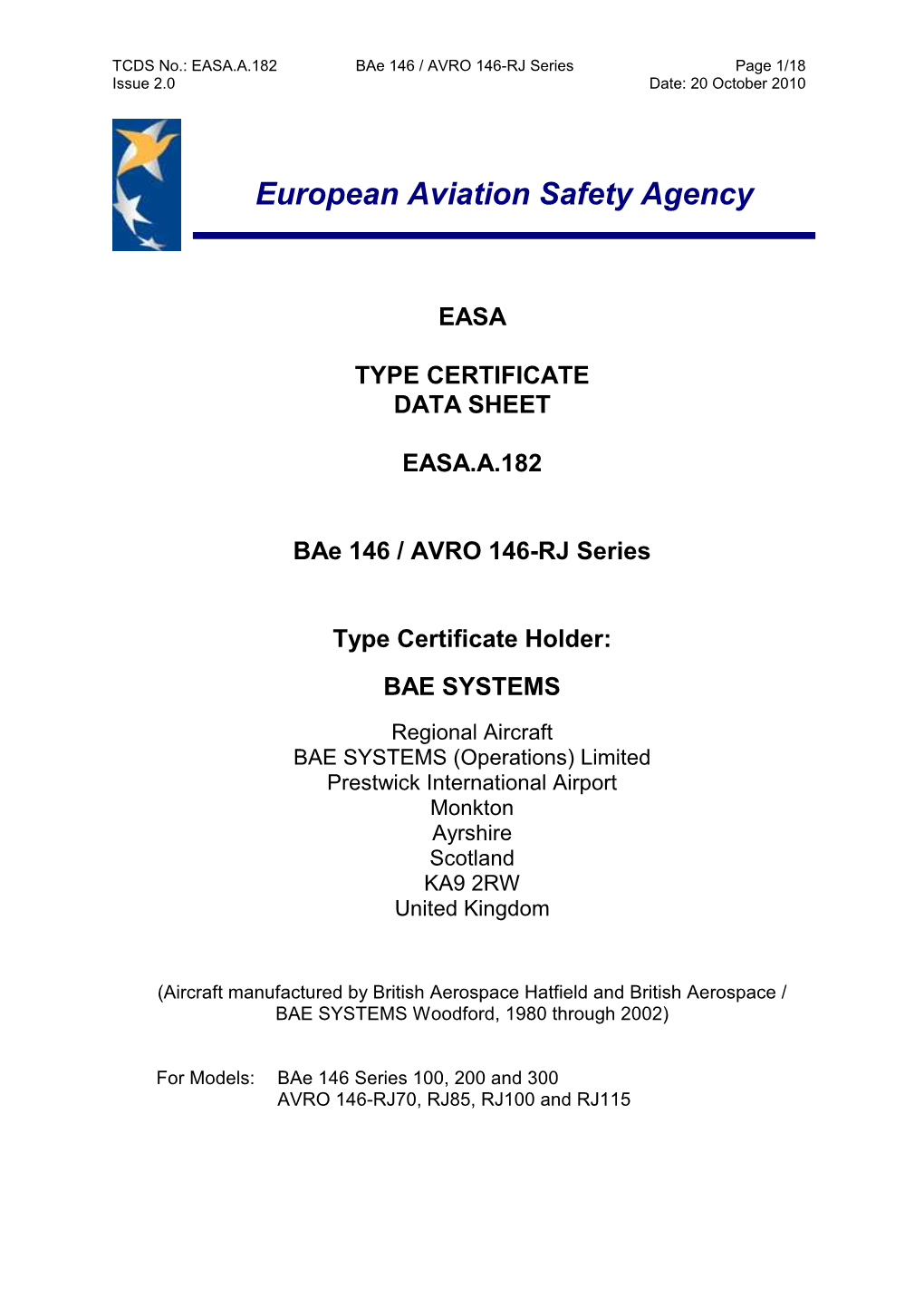 EASA TYPE CERTIFICATE DATA SHEET EASA.A.182 Bae 146