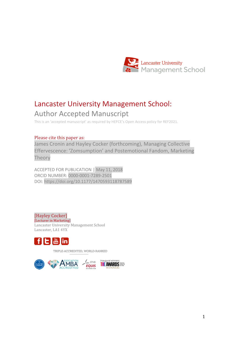 Lancaster University Management School: Author Accepted Manuscript This Is an ‘Accepted Manuscript’ As Required by HEFCE’S Open Access Policy for REF2021