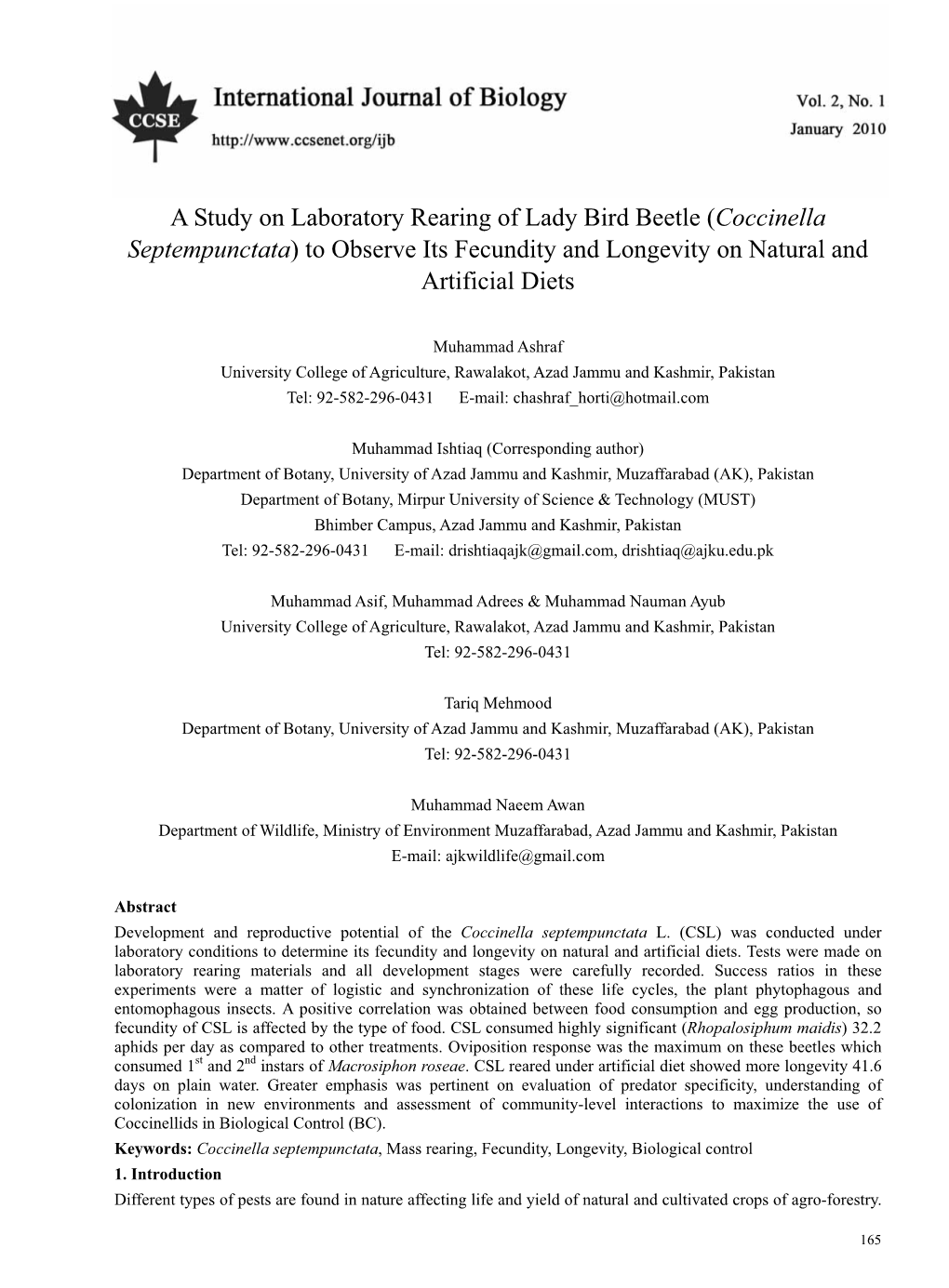 A Study on Laboratory Rearing of Lady Bird Beetle (Coccinella Septempunctata) to Observe Its Fecundity and Longevity on Natural and Artificial Diets