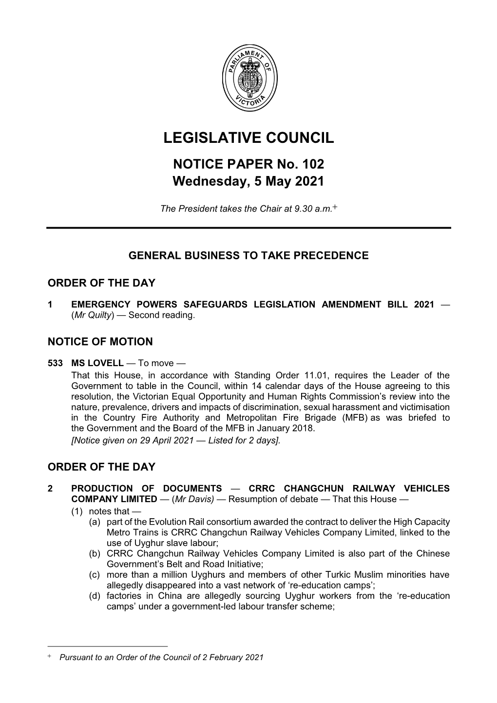 NOTICE PAPER No. 102 Wednesday, 5 May 2021