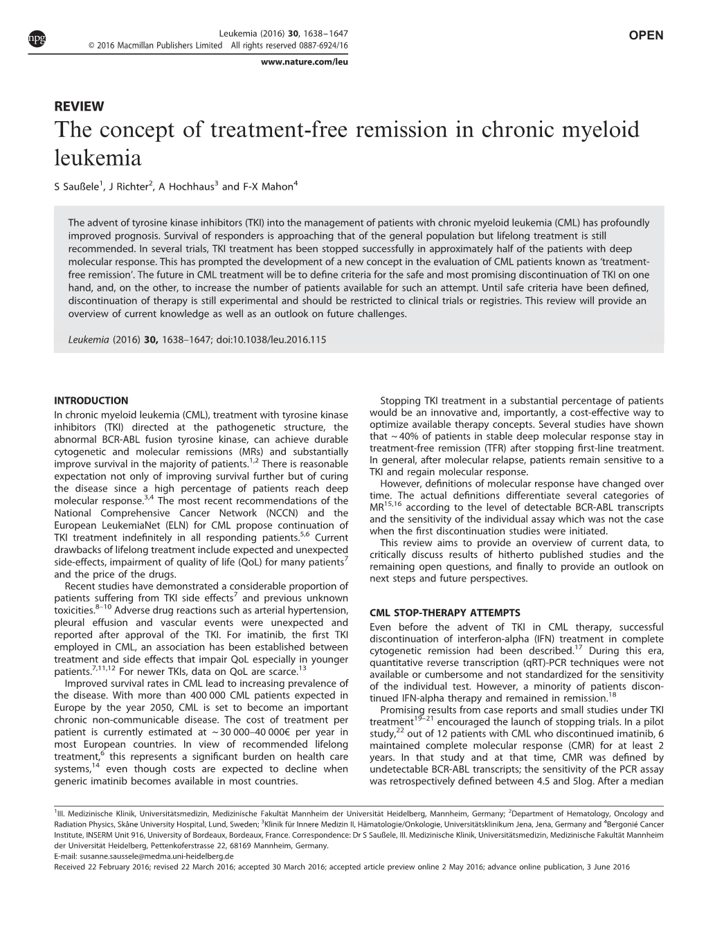 The Concept of Treatment-Free Remission in Chronic Myeloid Leukemia