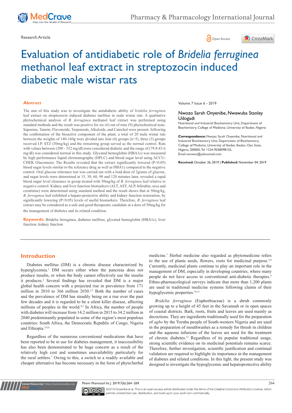 Bridelia Ferruginea Methanol Leaf Extract in Streptozocin Induced Diabetic Male Wistar Rats