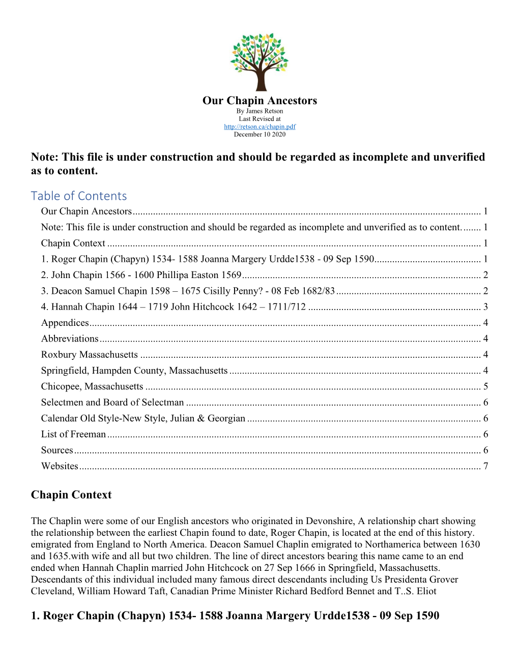 Table of Contents Our Chapin Ancestors