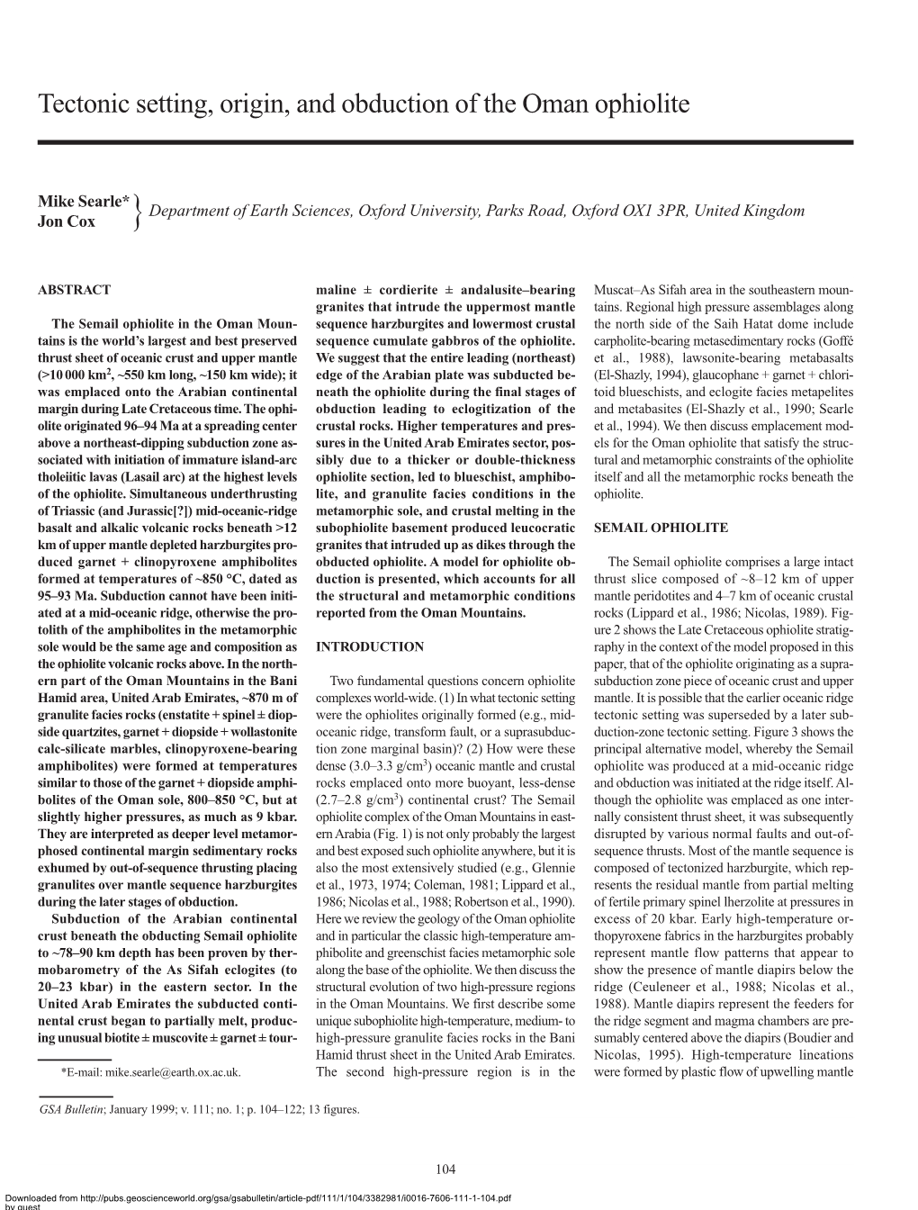 Tectonic Setting, Origin, and Obduction of the Oman Ophiolite