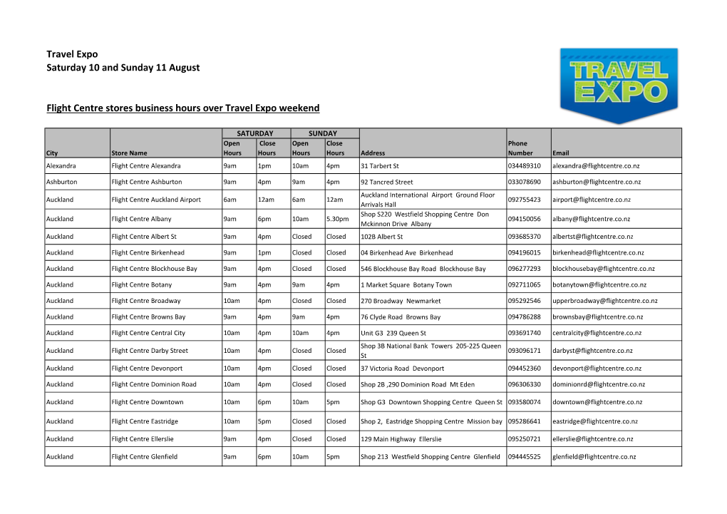 Travel Expo Saturday 10 and Sunday 11 August Flight Centre Stores Business Hours Over Travel Expo Weekend