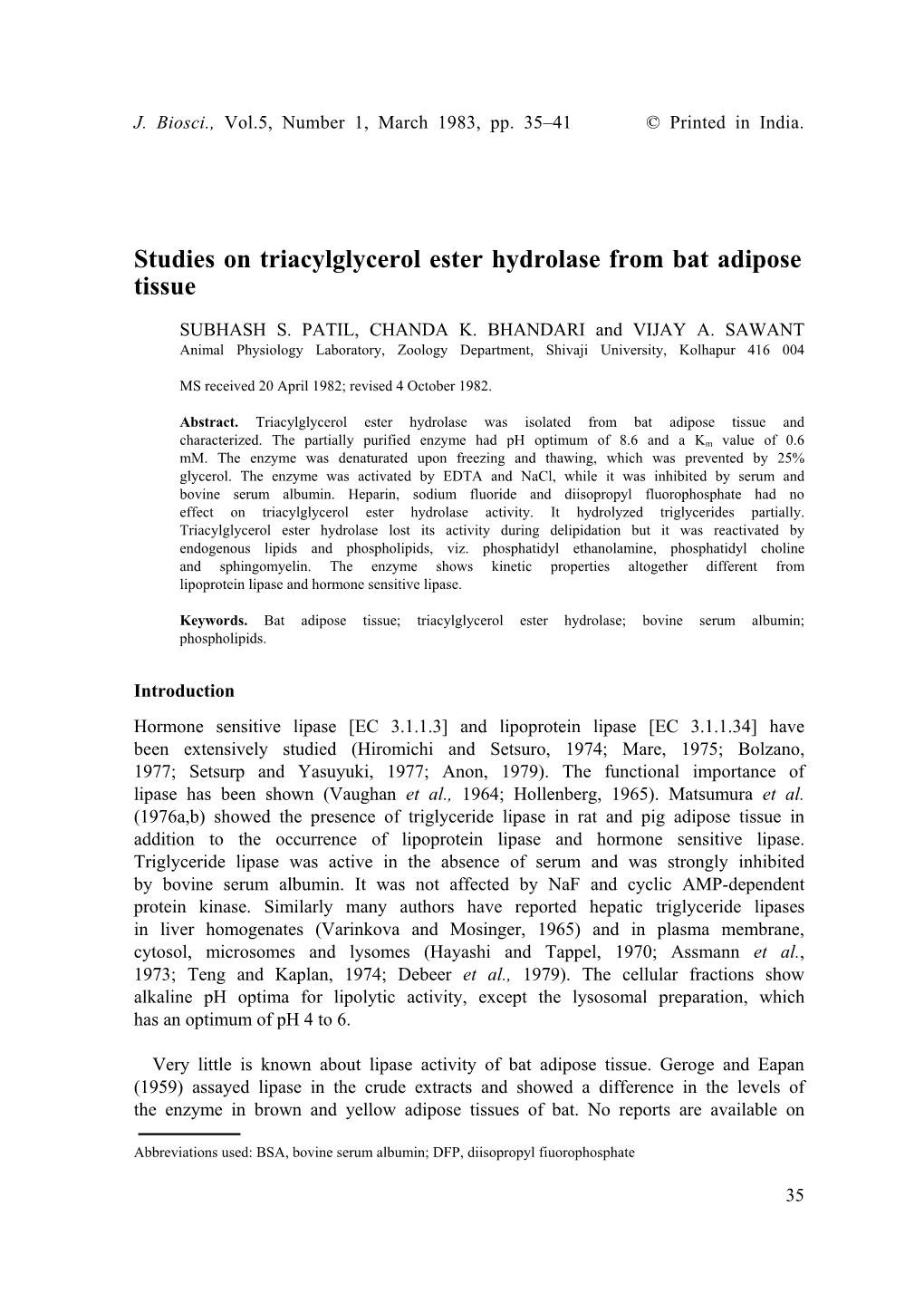 Studies on Triacylglycerol Ester Hydrolase from Bat Adipose Tissue