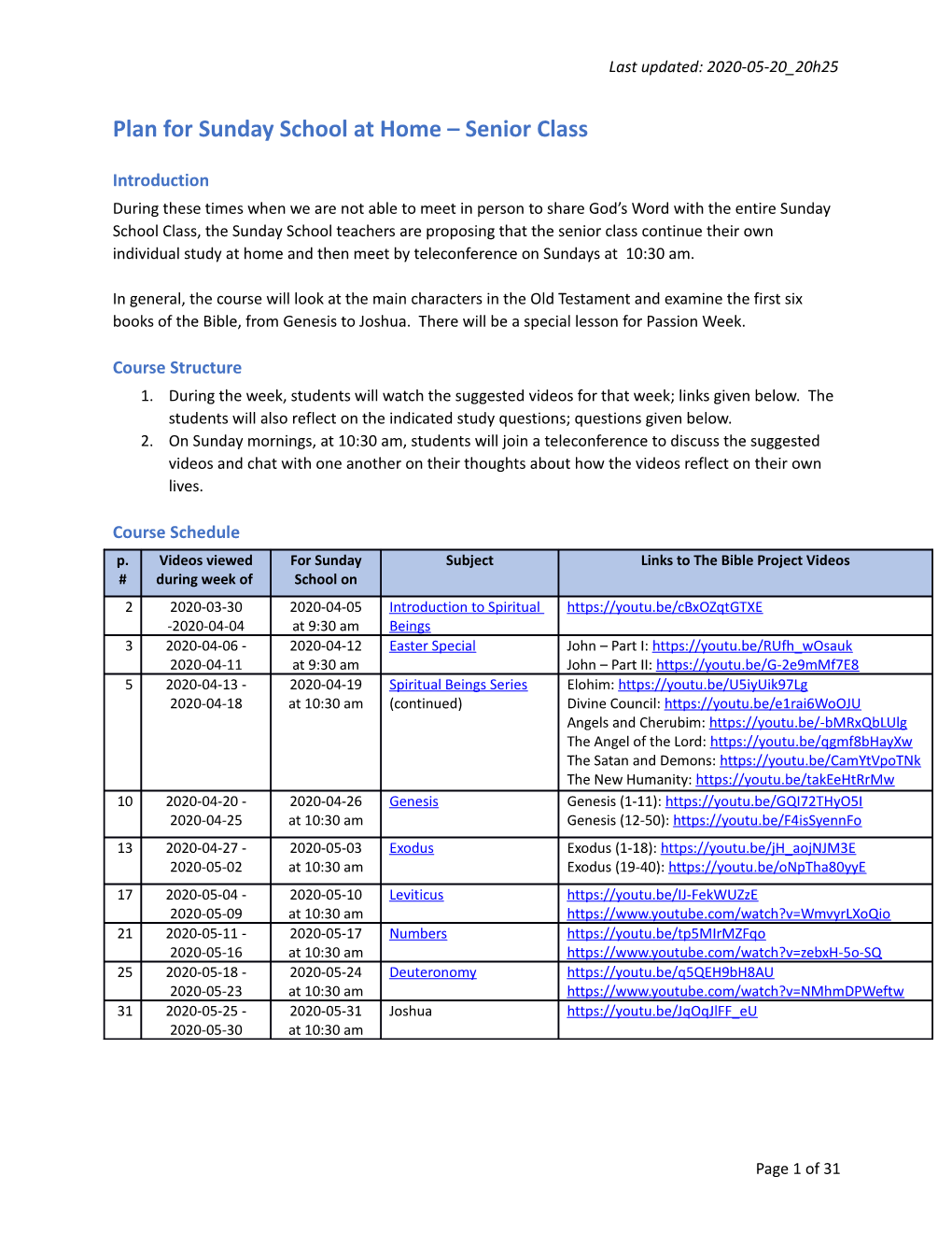 Plan for Sunday School at Home – Senior Class