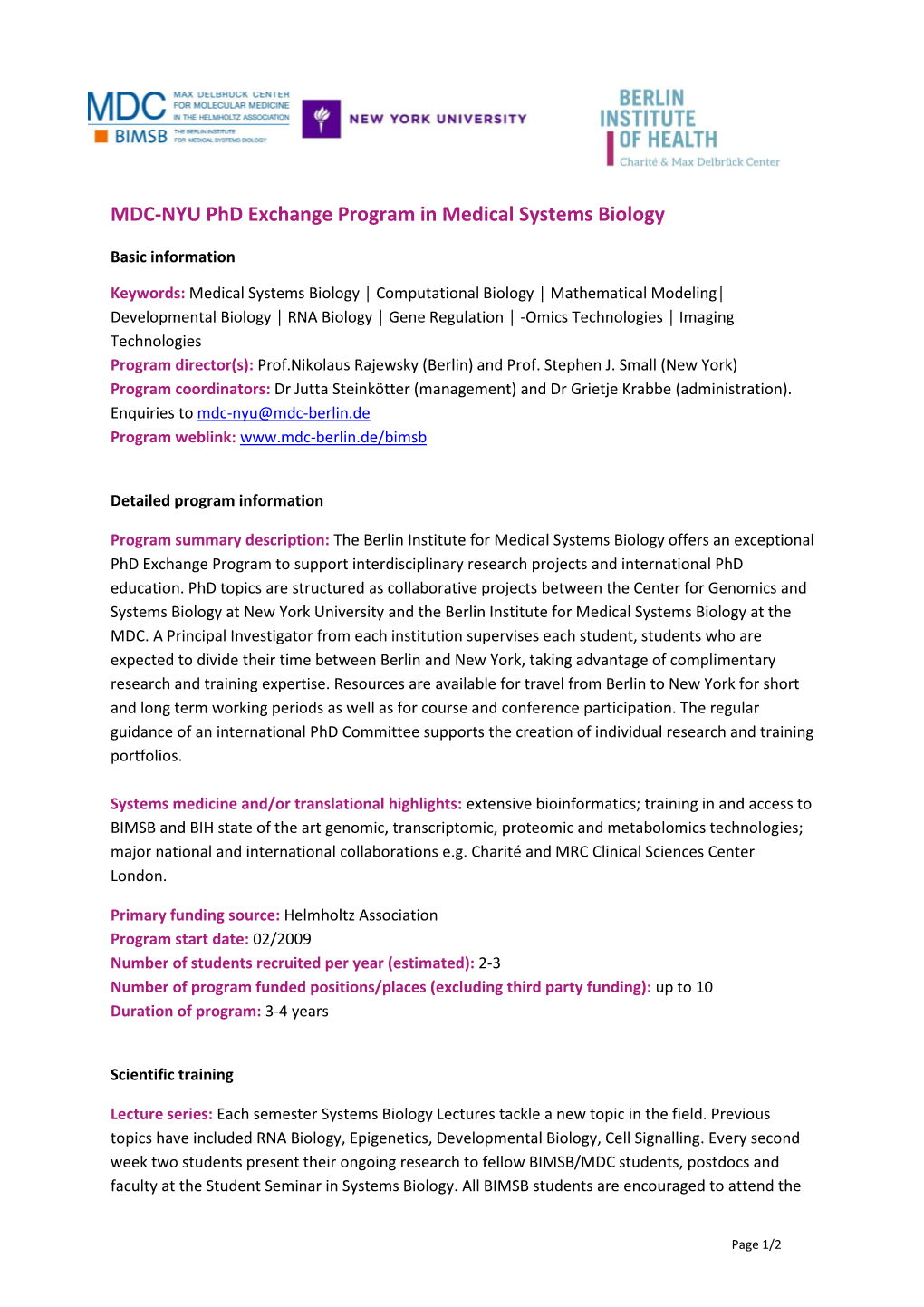 MDC-NYU Phd Exchange Program in Medical Systems Biology