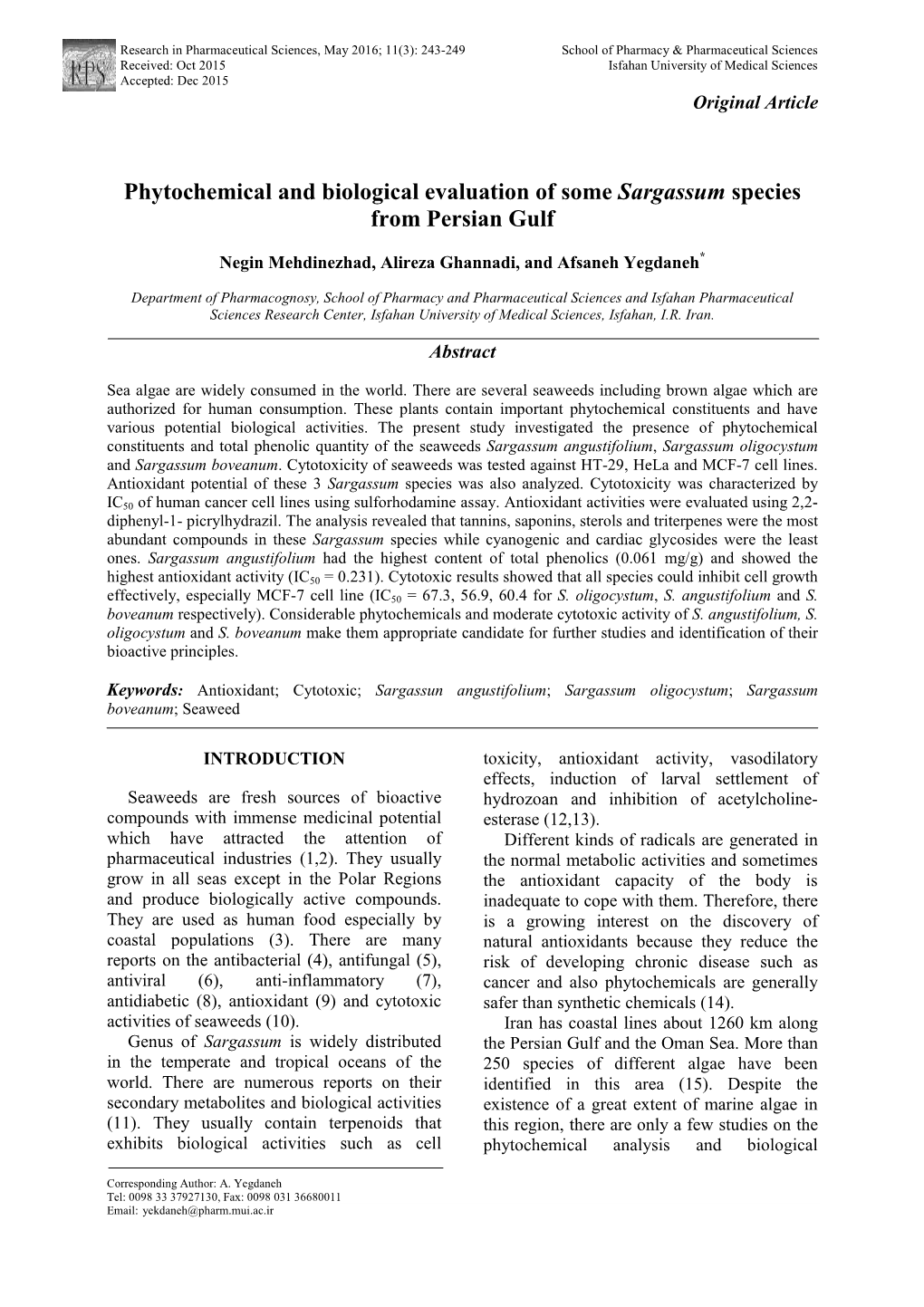 Phytochemical and Biological Evaluation of Some Sargassum Species from Persian Gulf