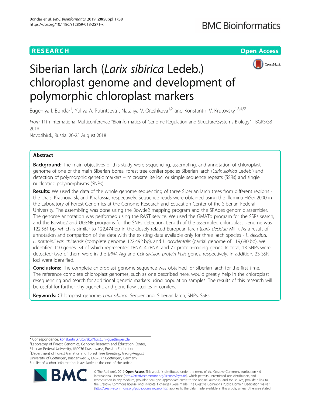 Siberian Larch (Larix Sibirica Ledeb.) Chloroplast Genome and Development of Polymorphic Chloroplast Markers Eugeniya I