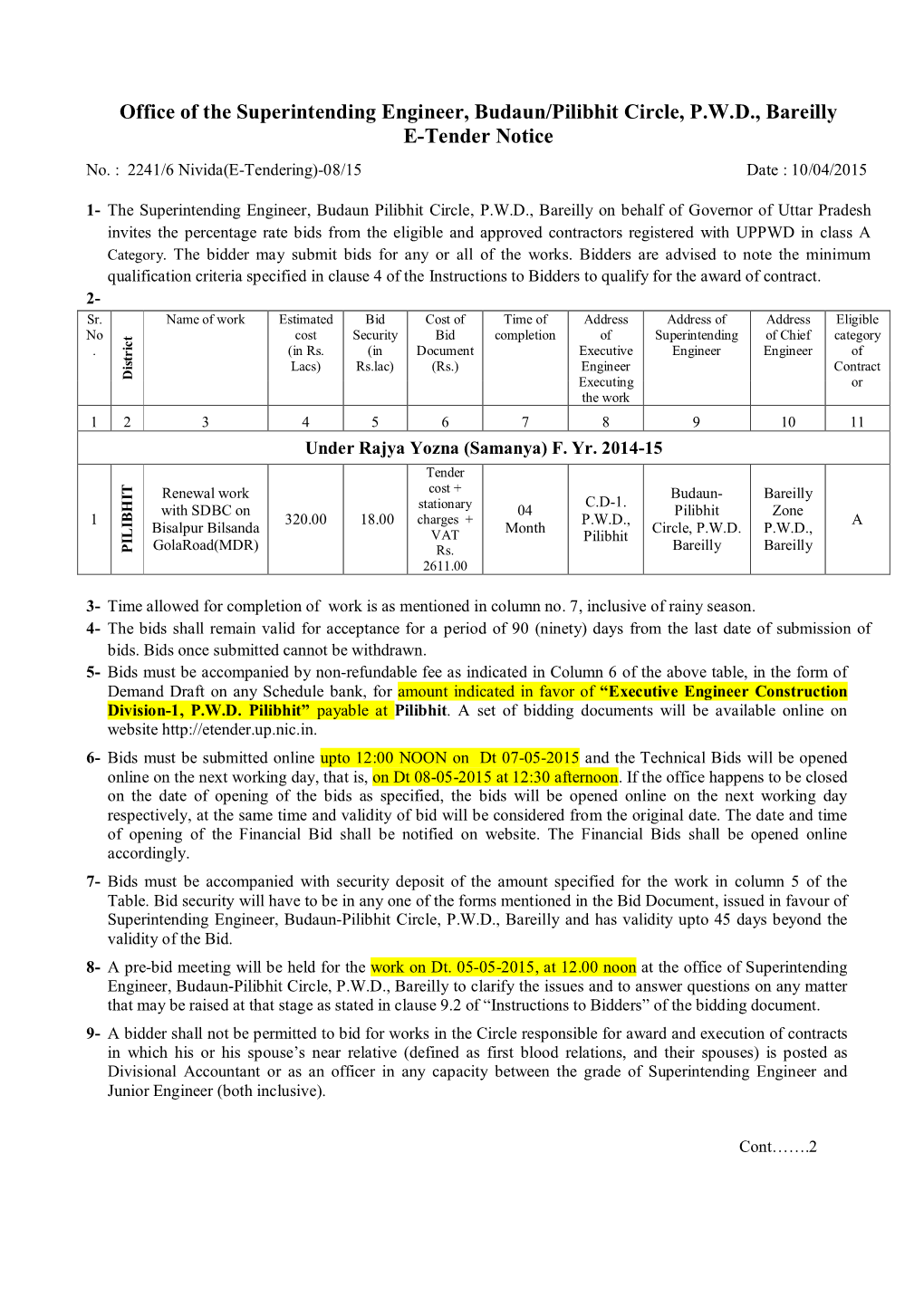 Office of the Superintending Engineer, Budaun/Pilibhit Circle, P.W.D., Bareilly E-Tender Notice No