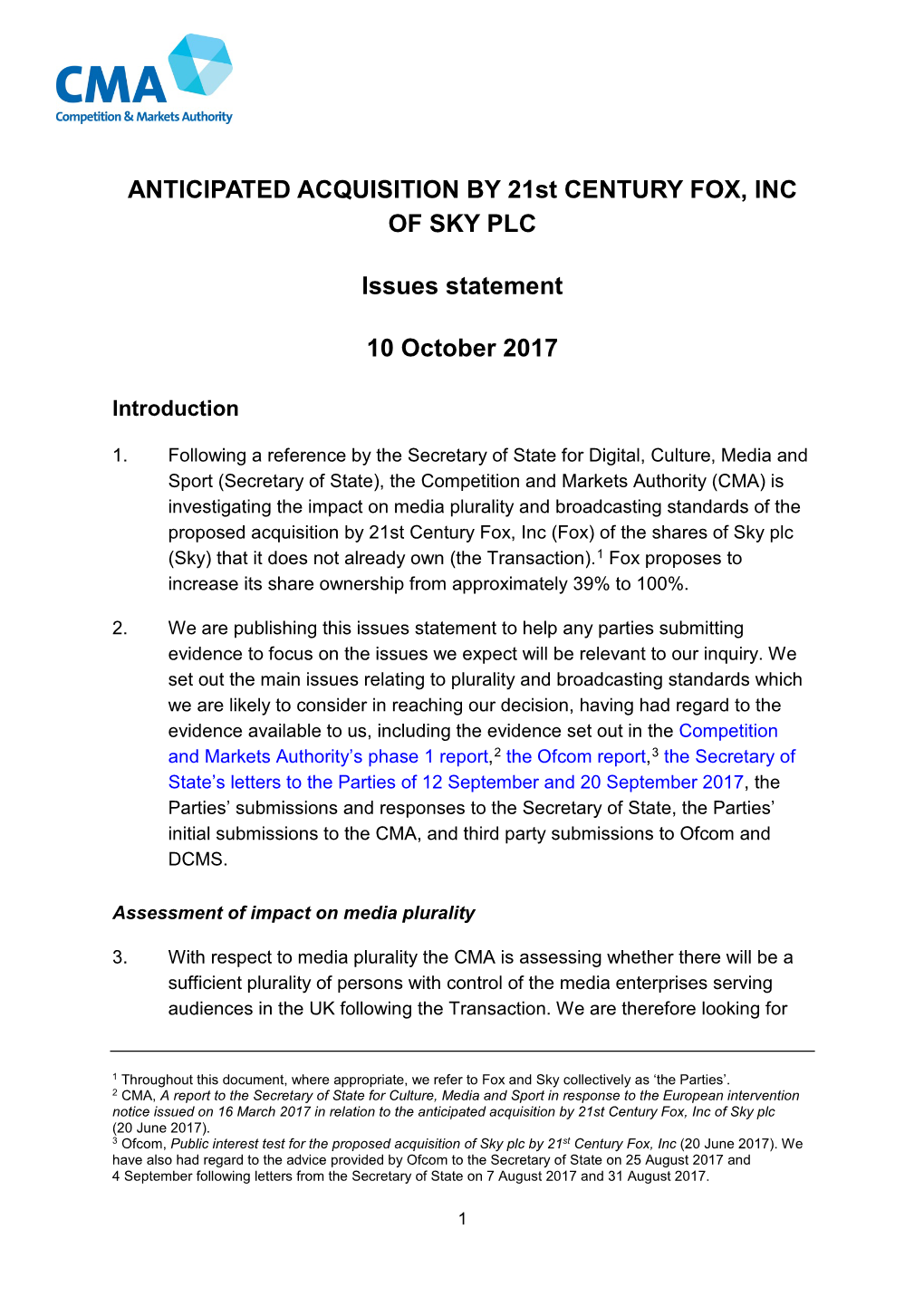 21St Century Fox / Sky Merger Inquiry: Issues Statement