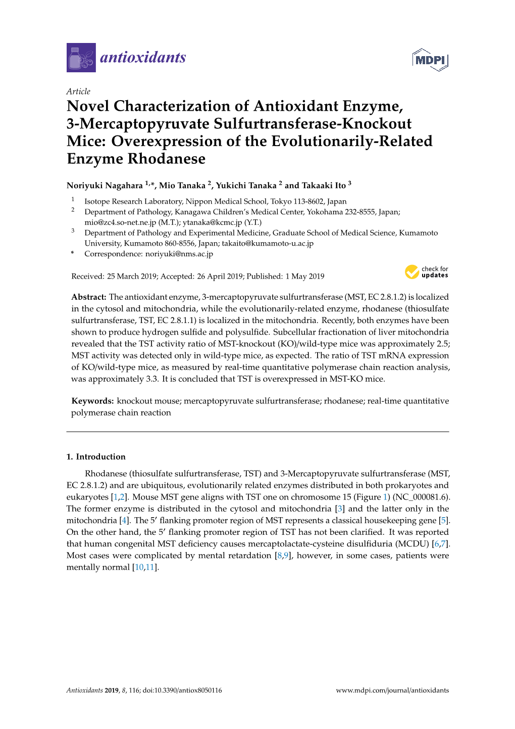 Novel Characterization of Antioxidant Enzyme, 3-Mercaptopyruvate Sulfurtransferase-Knockout Mice: Overexpression of the Evolutionarily-Related Enzyme Rhodanese