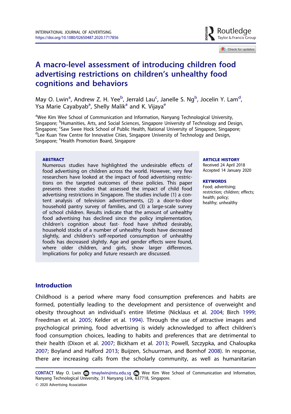 A Macro-Level Assessment of Introducing Children Food Advertising Restrictions on Children's Unhealthy Food Cognitions And