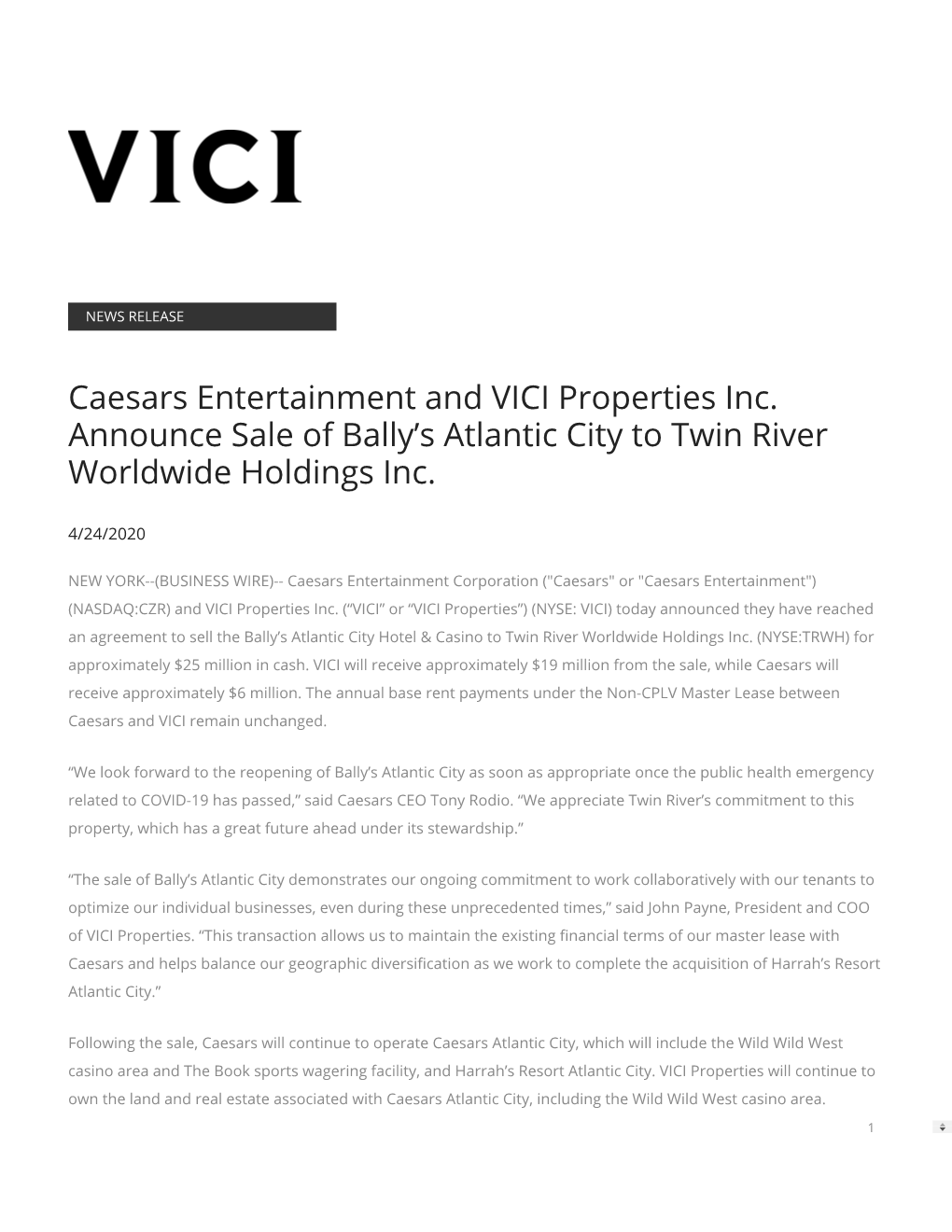 Caesars Entertainment and VICI Properties Inc. Announce Sale of Bally’S Atlantic City to Twin River Worldwide Holdings Inc