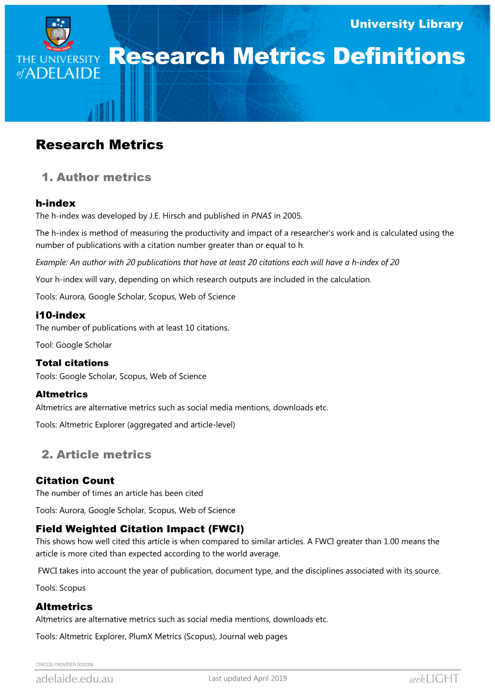 Research Metrics Definitions