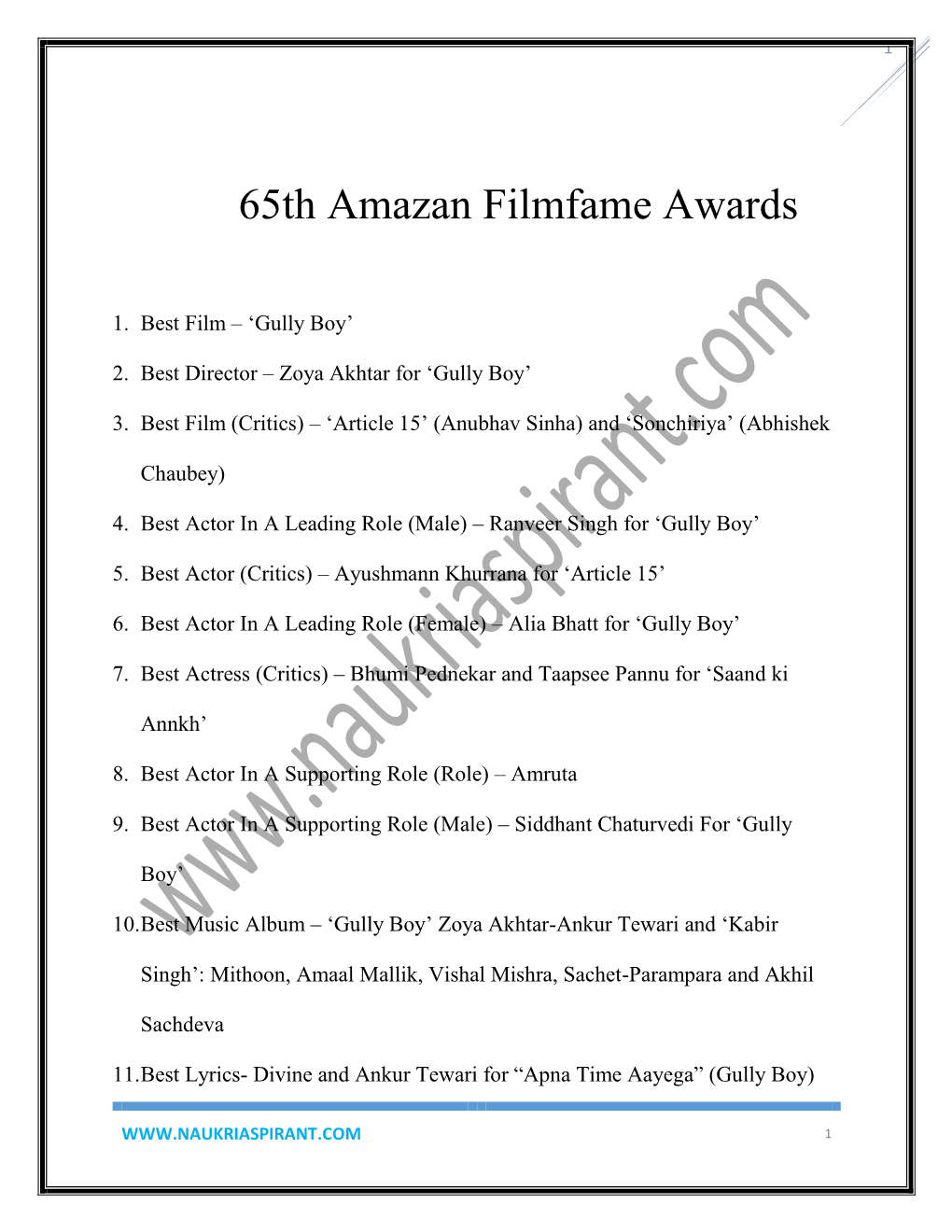 65Th Amazan Filmfame Awards