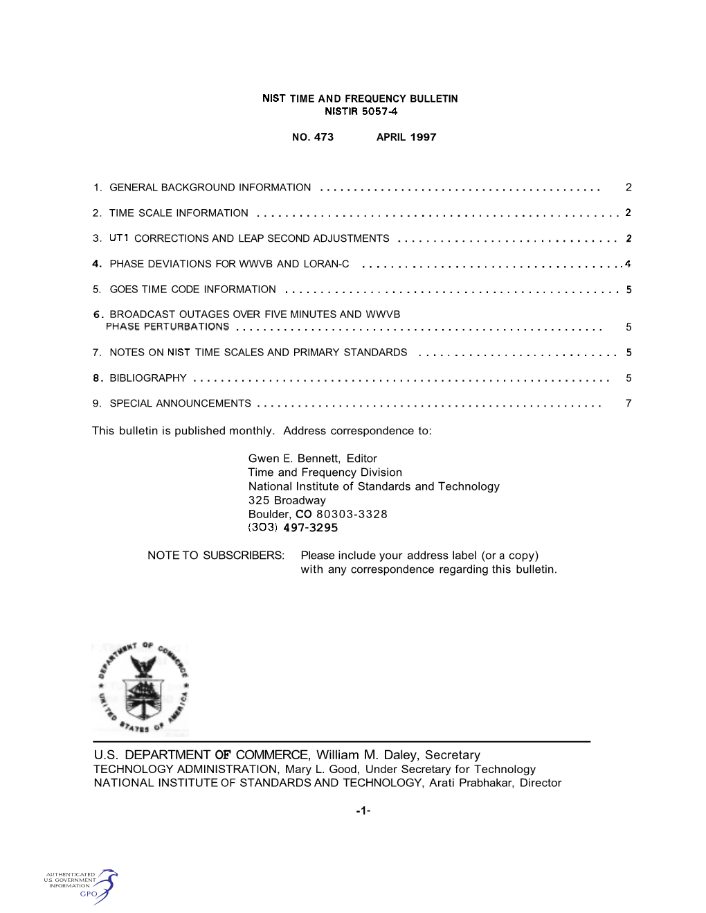 NIST Time and Frequency Bulletin No