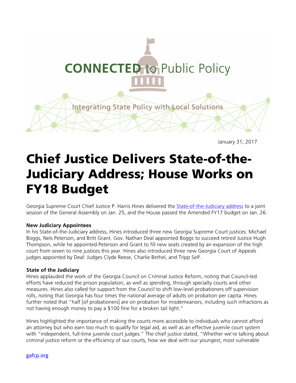 Chief Justice Delivers State-Of-The- Judiciary Address; House Works on FY18 Budget