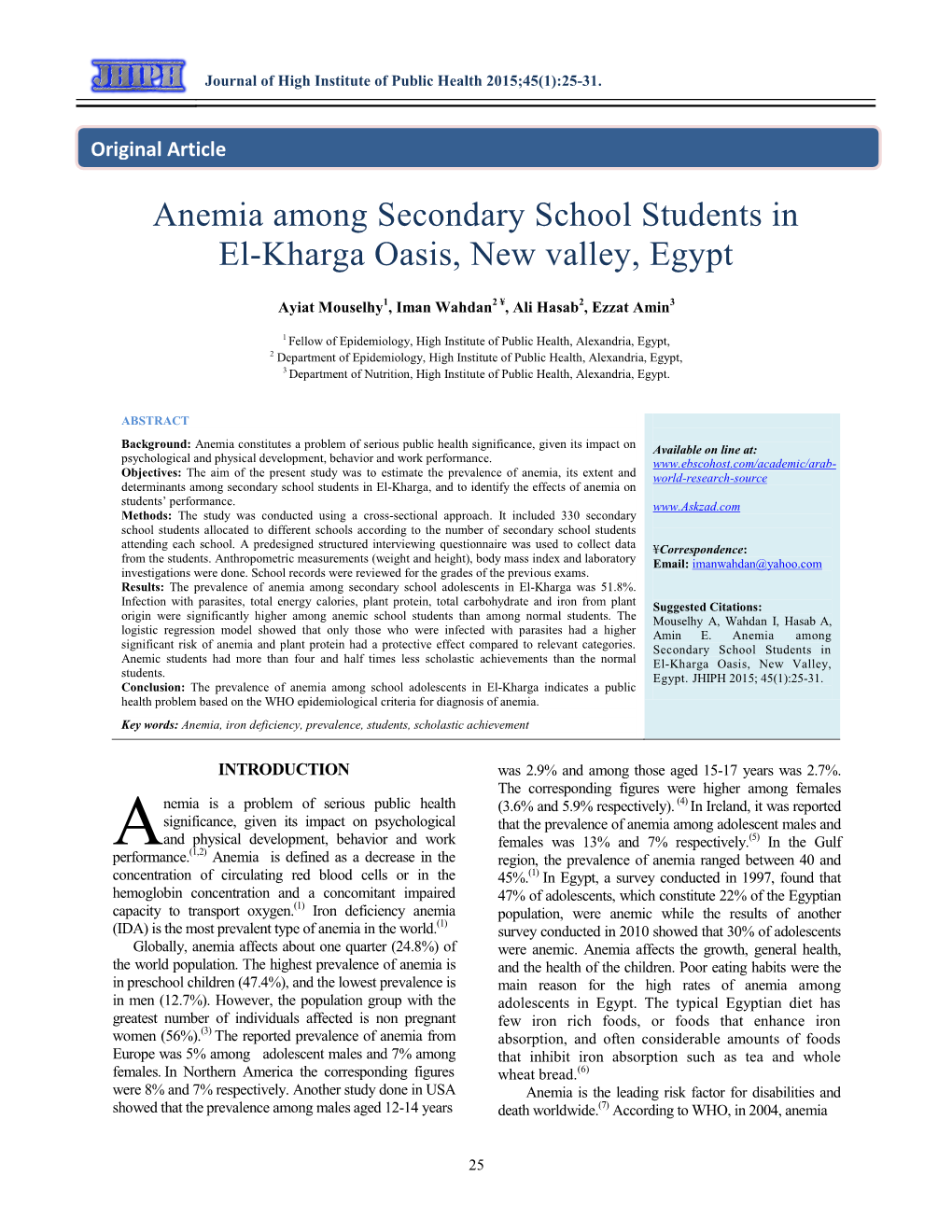 Anemia Among Secondary School Students in El-Kharga Oasis, New Valley, Egypt