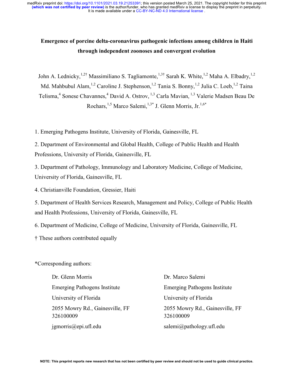 Emergence of Porcine Delta-Coronavirus Pathogenic Infections Among Children in Haiti Through Independent Zoonoses and Convergent Evolution