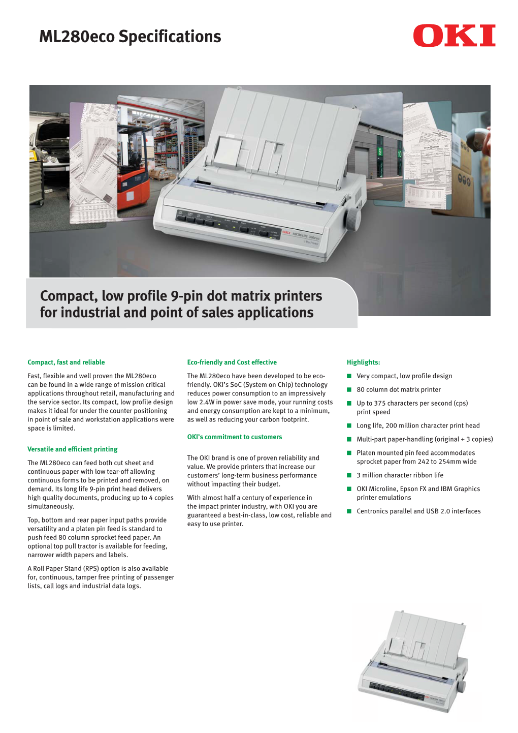 Ml280eco Specifications Compact, Low Profile 9-Pin Dot Matrix Printers