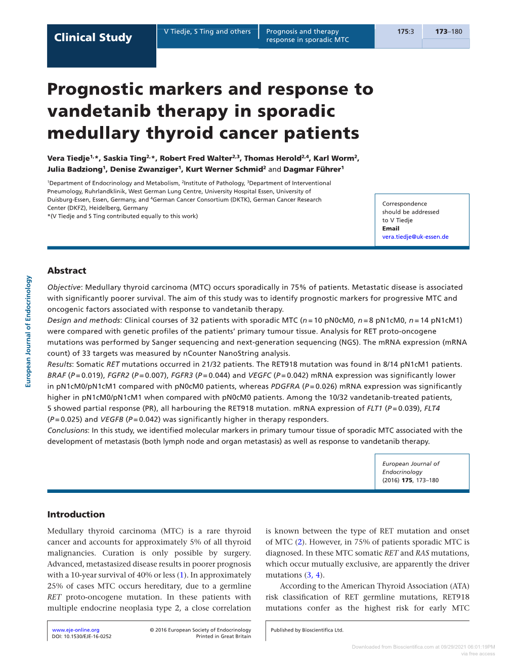 Prognostic Markers and Response to Vandetanib Therapy in Sporadic Medullary Thyroid Cancer Patients