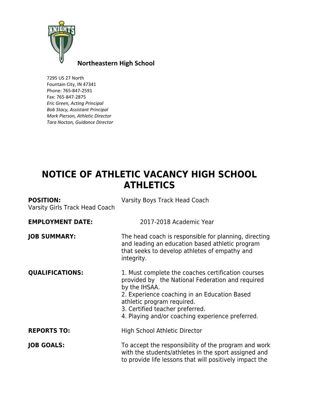 Notice of Athletic Vacancy High School Athletics