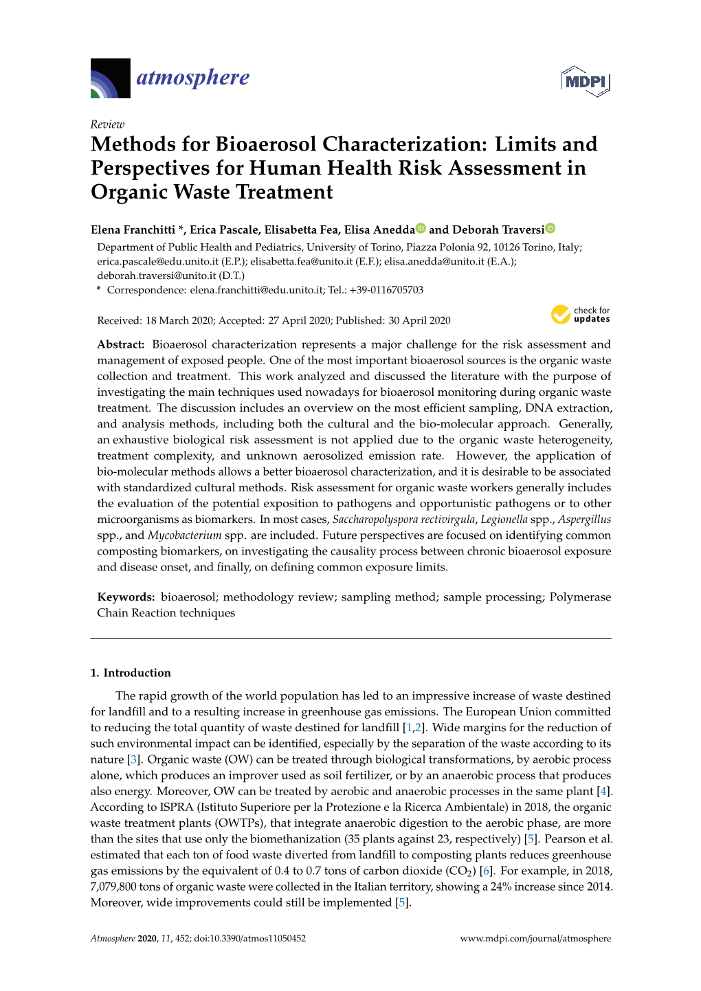 Methods for Bioaerosol Characterization: Limits and Perspectives for Human Health Risk Assessment in Organic Waste Treatment